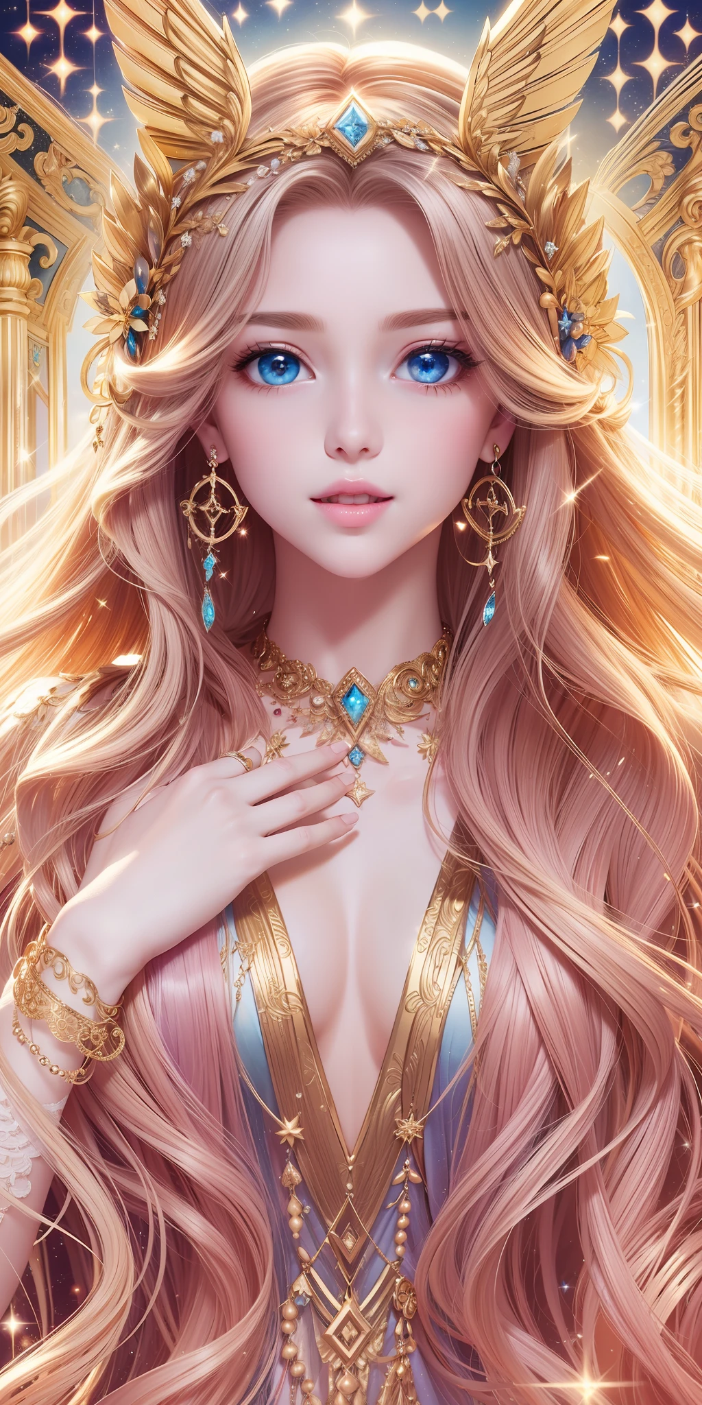 (a girl,masterpiece, top quality, best quality, official art, beautiful and aesthetic), extreme detailed,(fractal art),colorful,highest detailed，closed up, eye focus, 1girl, solo, gloves, jewelry, pink gloves, earrings, pink dress, wink, cute, highres,open mouth, upper teeth,rabbit hair ornament,Perfect body, perfect face, perfect hands, sequins, sparkling eyes，blue eyes,angel wings，long golden hair，happiness,Flat chest, necklaces，blush，long golden curly flowing hair ，greek goddess，Exquisite facial features，Diamond Dress，halo,  Falling pure white feathers，(shine stars) --niji --auto --s2