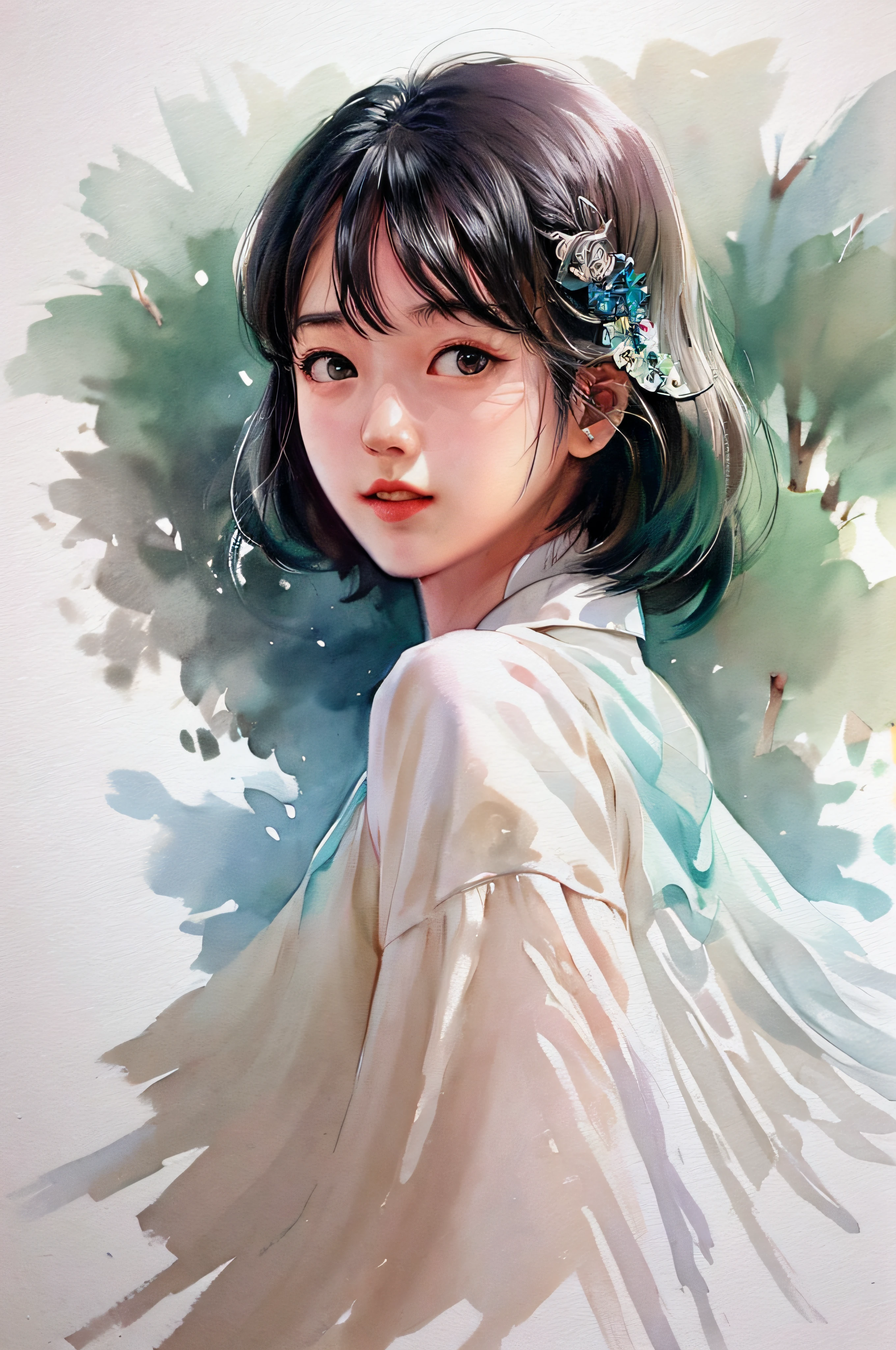 stechu,(white background:1.4), ((tachi-e)), original,(illustration:1.1),(best quality),(masterpiece:1.1),(extremely detailed CG unity 8k wallpaper:1.1), (colorful:0.9),(panorama shot:1.4),(solo:1.2), (ink splashing),(color splashing),((watercolor)), clear sharp focus,{ 1girl standing },((korean style )),flower background,outdoors,rocks, looking at viewer, make happy expressions,soft smile,pure,beautyfull detailed face and eyes,beautyfull intricacy clothing decorative pattern details, black hair,black eyes,colorwater