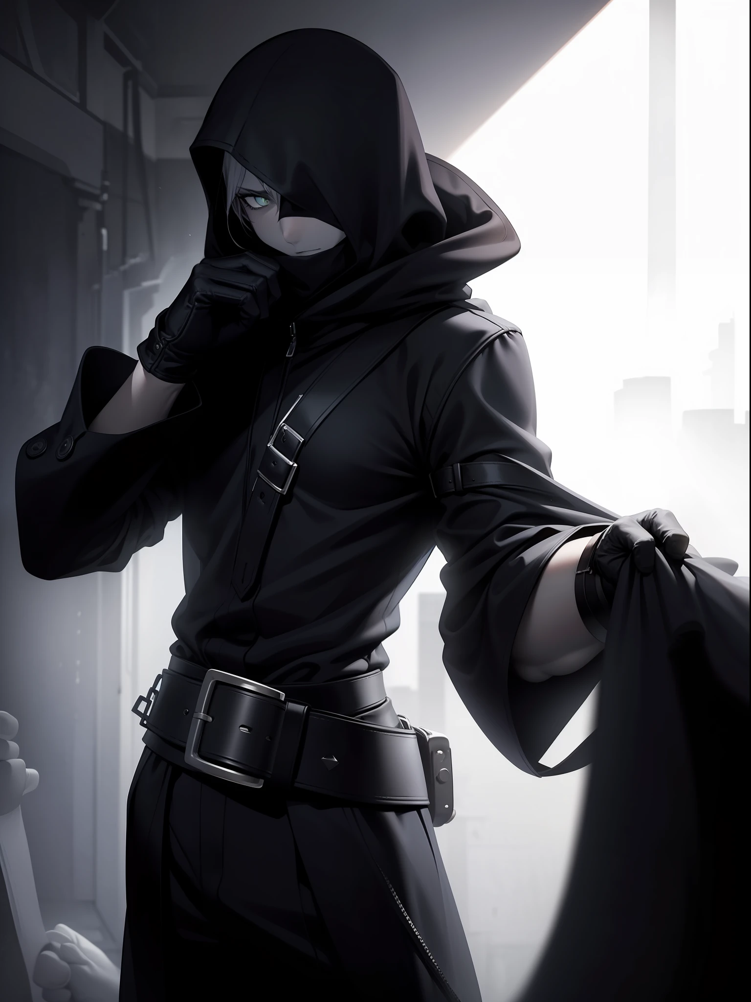 ((best quality)), ((masterpiece)) (A mysterious silhouette) shrouded in deep shadows, revealing only his bright, piercing eyes. A white glove is visible on his right hand, while a belt at the waist and a gray band on his head add an enigmatic touch. The dark and sinister figure emanates an air of mystery, arousing intrigue and curiosity in those who observe it. --ar 16:9 --v 5