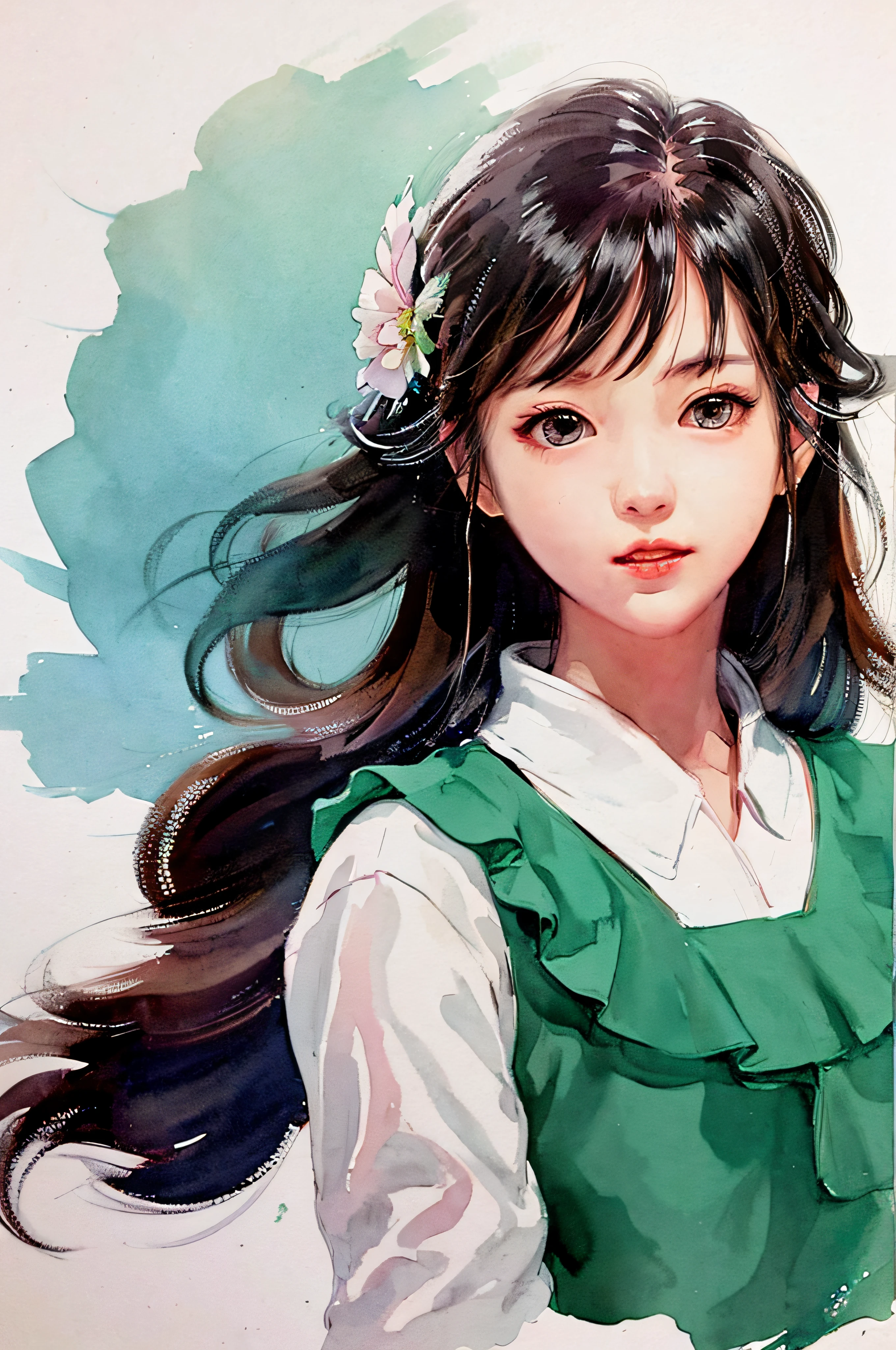 stechu,(white background:1.4), ((tachi-e)), original,(illustration:1.1),(best quality),(masterpiece:1.1),(extremely detailed CG unity 8k wallpaper:1.1), (colorful:0.9),(panorama shot:1.4),(solo:1.2), (ink splashing),(color splashing),((watercolor)), clear sharp focus,{ 1girl standing },((korean style )),flower background,outdoors,rocks, looking at viewer, make happy expressions,soft smile,pure,beautyfull detailed face and eyes,beautyfull intricacy clothing decorative pattern details, black hair,black eyes,colorwater