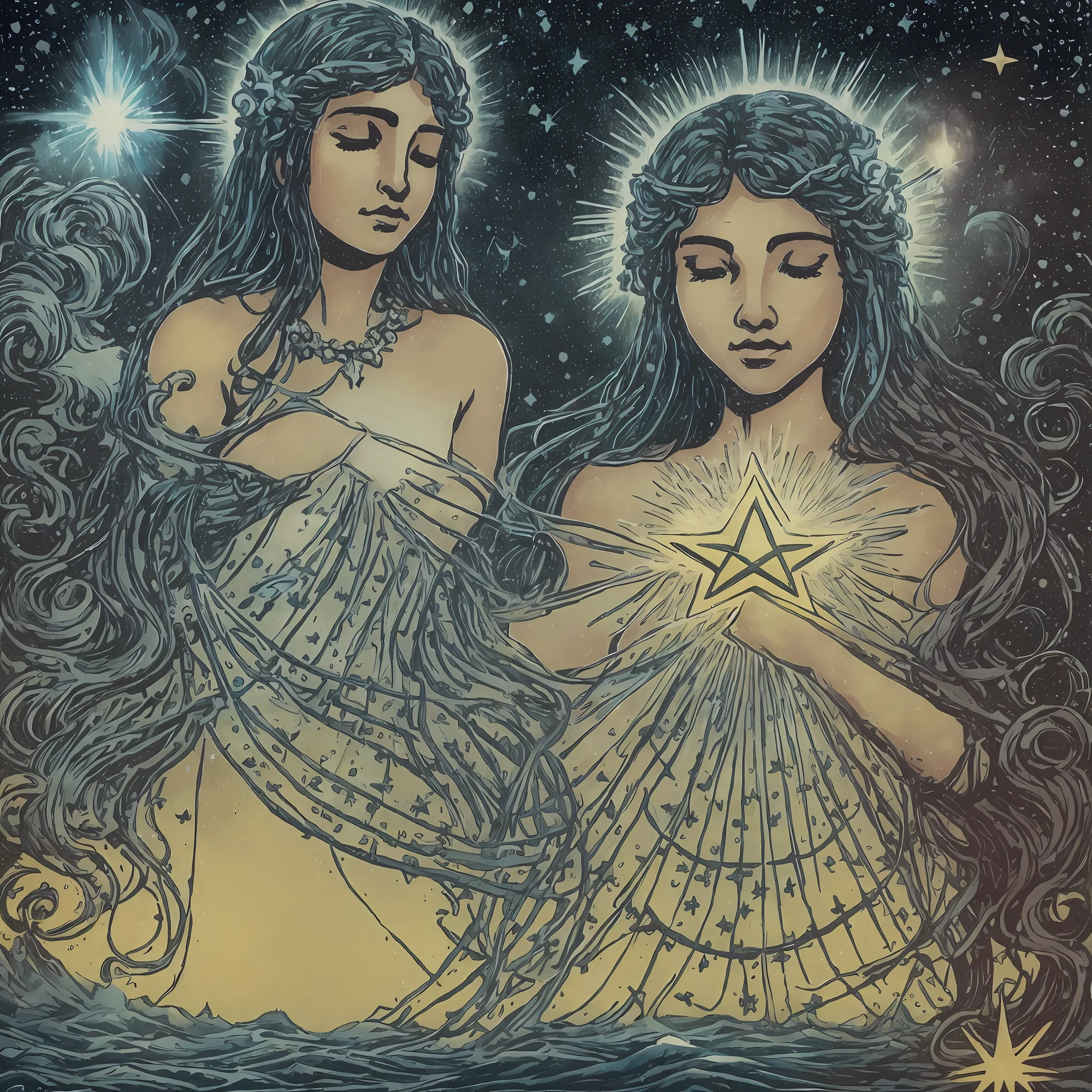 The card "The Star" in the Tarot is an image of hope and renewal. It depicts a naked black woman, kneeling by a river, pouring water from two jugs. Above it, a bright star illuminates the night sky. The woman represents the connection between heaven and earth, and the water symbolizes the spiritual energy flowing into the physical world. The Star card evokes feelings of optimism, confidence and healing. It reminds us that even in the darkest moments, there is a bright light that guides us. The star in the sky represents divine guidance, showing us the way forward. It brings with it a sense of peace and tranquility, inviting us to connect with our intuition and follow our deepest dreams. The Star card encourages us to have hope, believe in ourselves, and seek inner harmony. It reminds us that we are able to heal, transform, and manifest our highest aspirations. The presence of the Star card in a reading often indicates a period of renewal, inspiration, and spiritual protection. It invites us to trust in our journey and to have faith in a better future.
