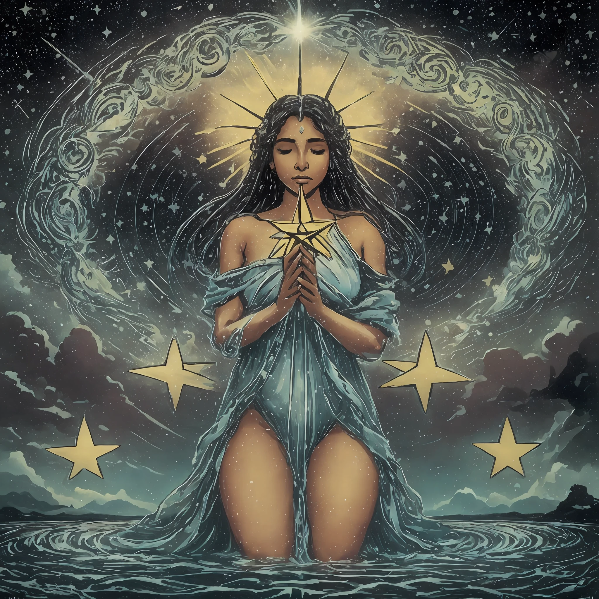 The card "The Star" in the Tarot is an image of hope and renewal. It depicts a naked black woman, kneeling by a river, pouring water from two jugs. Above it, a bright star illuminates the night sky. The woman represents the connection between heaven and earth, and the water symbolizes the spiritual energy flowing into the physical world. The Star card evokes feelings of optimism, confidence and healing. It reminds us that even in the darkest moments, there is a bright light that guides us. The star in the sky represents divine guidance, showing us the way forward. It brings with it a sense of peace and tranquility, inviting us to connect with our intuition and follow our deepest dreams. The Star card encourages us to have hope, believe in ourselves, and seek inner harmony. It reminds us that we are able to heal, transform, and manifest our highest aspirations. The presence of the Star card in a reading often indicates a period of renewal, inspiration, and spiritual protection. It invites us to trust in our journey and to have faith in a better future.