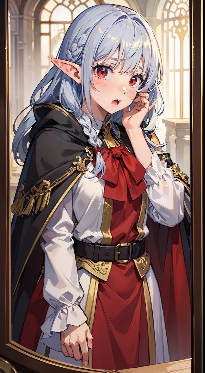 ((Put your hands on your face)), ((surprised)), (Red face), 1 girl closeup, Elf, Silver hair, Red eyes, Braid hair, Bowed hair, Wizard, Robe, Ruffles, Tights, Cloak, Indoors, Mirror, TS, Concept art, Beautiful anime scene, Beautiful anime scenery, Best quality, Masterpiece, 4K