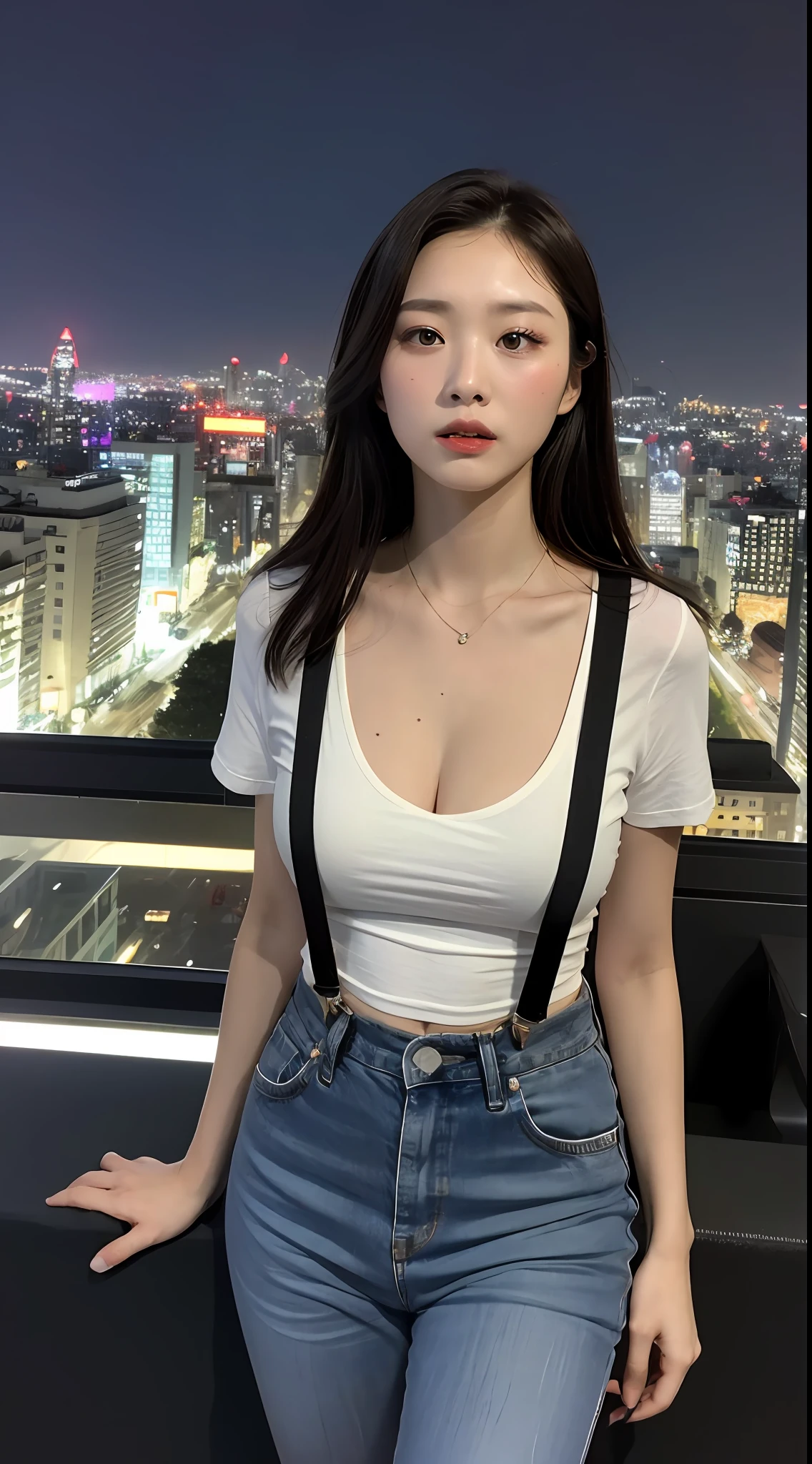((Midnight, Acura, 8K, Masterpiece:1.3)), Full body, Long legs, Focal length: 1.2, Perfect Body Beauty: 1.4, Slim Abs: 1.1, ((Dark Brown Hair, Big Breasts: 1.2 )), (White Skinny T-shirt, Denim Suspenders, Standing: 1.2), ((City Night View, Roof: 1.3)), Highly Detailed Face and Skin Texture, Detailed Eyes, Double Eyelid Masterpiece, Best Quality, Masterpiece, (1girl), (LLChar), Evil Witch, Dark Energy, Void, Empty Eyes, (Extreme Evil), Black Magic, Dark Forest, Negative Energy, Hell, Void, Stars, Brunette Hair, Cyberpunk City, Volumetric Light, Open Vision, Overlook, Moody, Rich Color Scheme.