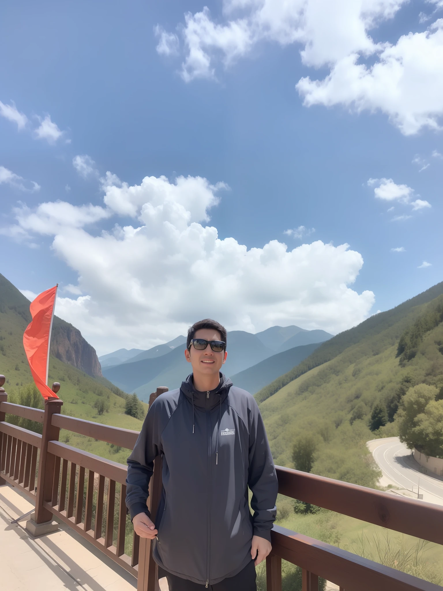 arafed man standing on a bridge with a view of a valley, with mountains in the background, with mountains in background, standing in front of a mountain, moutain in background, with mountains as background, mountains in the background, in mountains, vacation photo, in the mountains, mountains at background, on a sunny day, mountain in the background