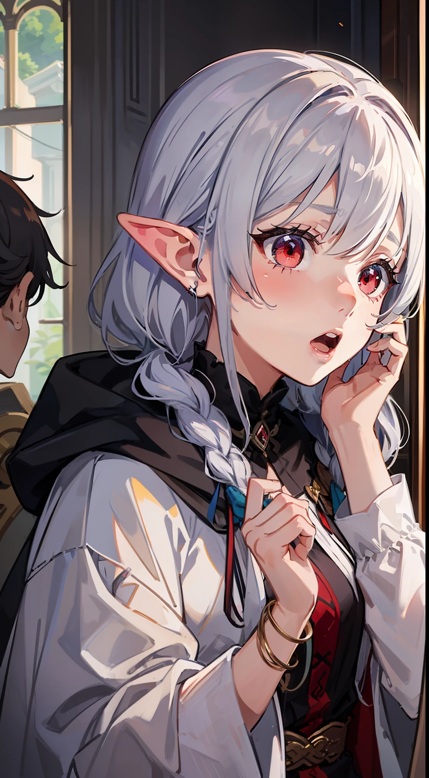 ((Put your hands on your face)), ((surprised)), (Red face), 1 girl closeup, Elf, Silver hair, Red eyes, Braid hair, Bowed hair, Wizard, Robe, Ruffles, Tights, Cloak, Indoors, Mirror, TS, Concept art, Beautiful anime scene, Beautiful anime scenery, Best quality, Masterpiece, 4K