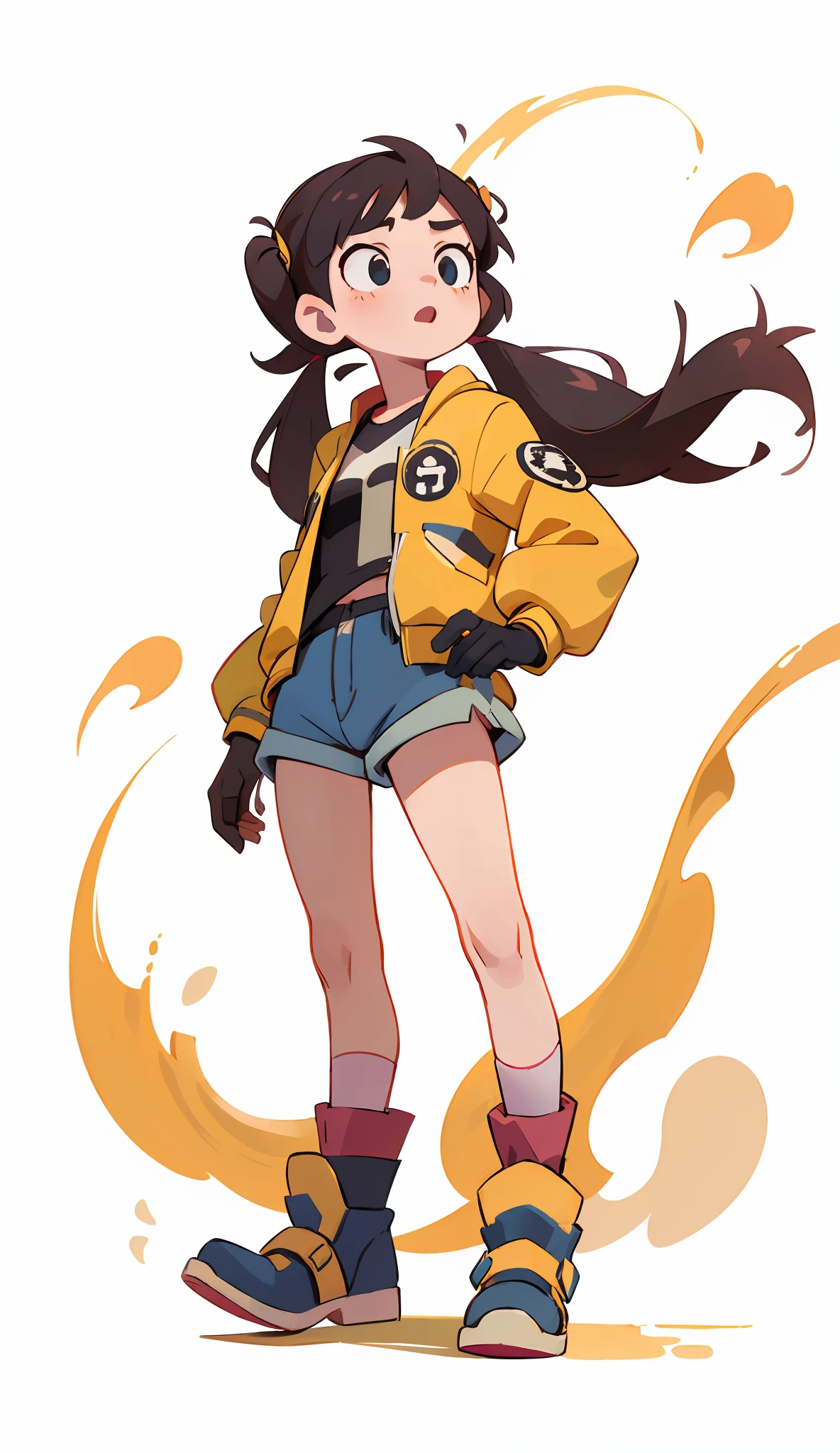 8k, 4k, (highres:1.1), (best,great,amazing quality), (masterpiece:1.3), anime, cartoon, yellow bomber jacket, punk, boots, crazy, black gloves, 1girl, black hair, long twin tails, shorts,