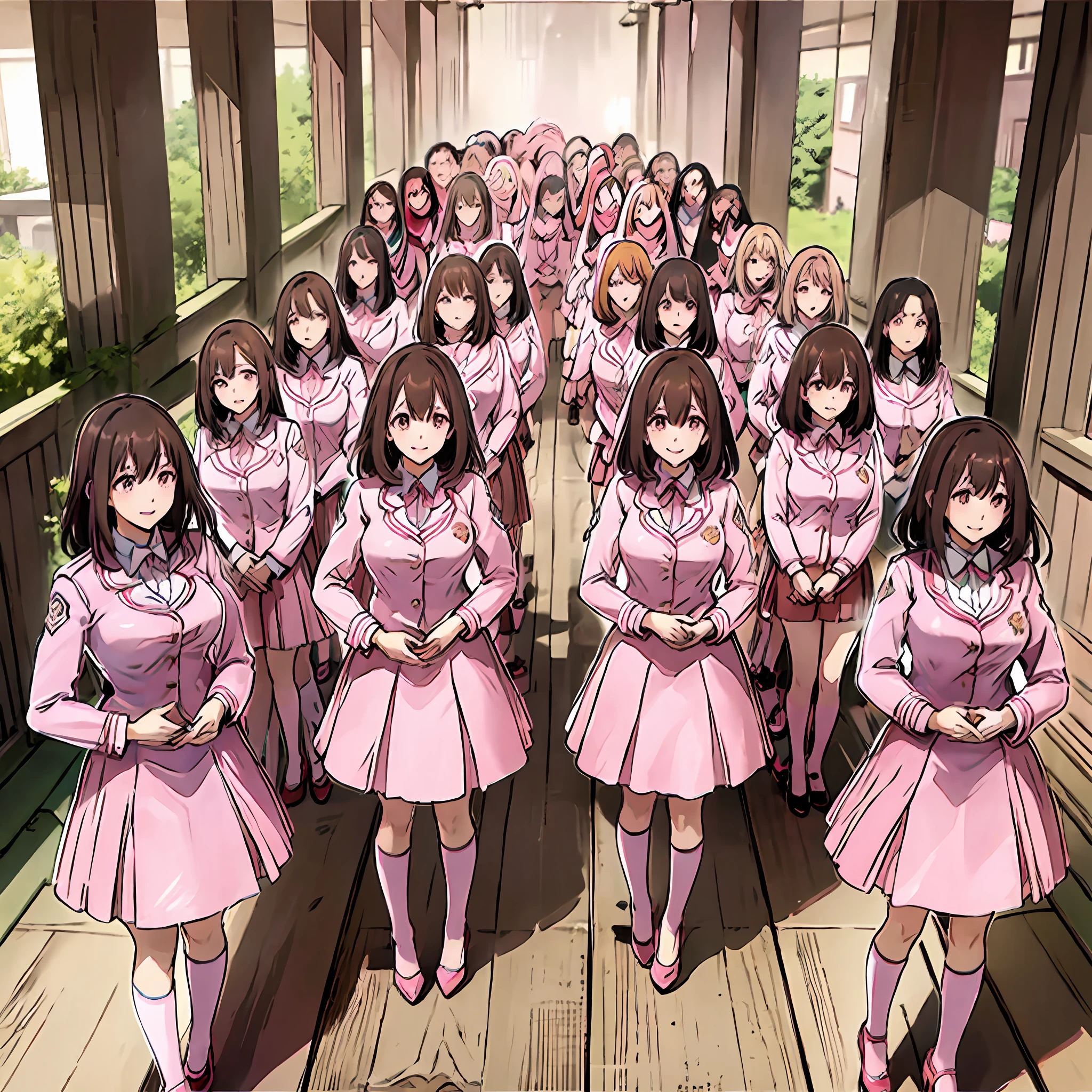 perfect anime illustration, multiple girls, thousands of girls, millions of girls, clones, identical sisters, neat rows of sisters, neat columns of sisters, sisters standing in formation, sisters in background, brown hair, curly hair, matching hairstyle, hazel eyes, smiling, ((matching outfits, pink uniform, pink high heels)), matching hairstyles, white background, highres, full body, pose