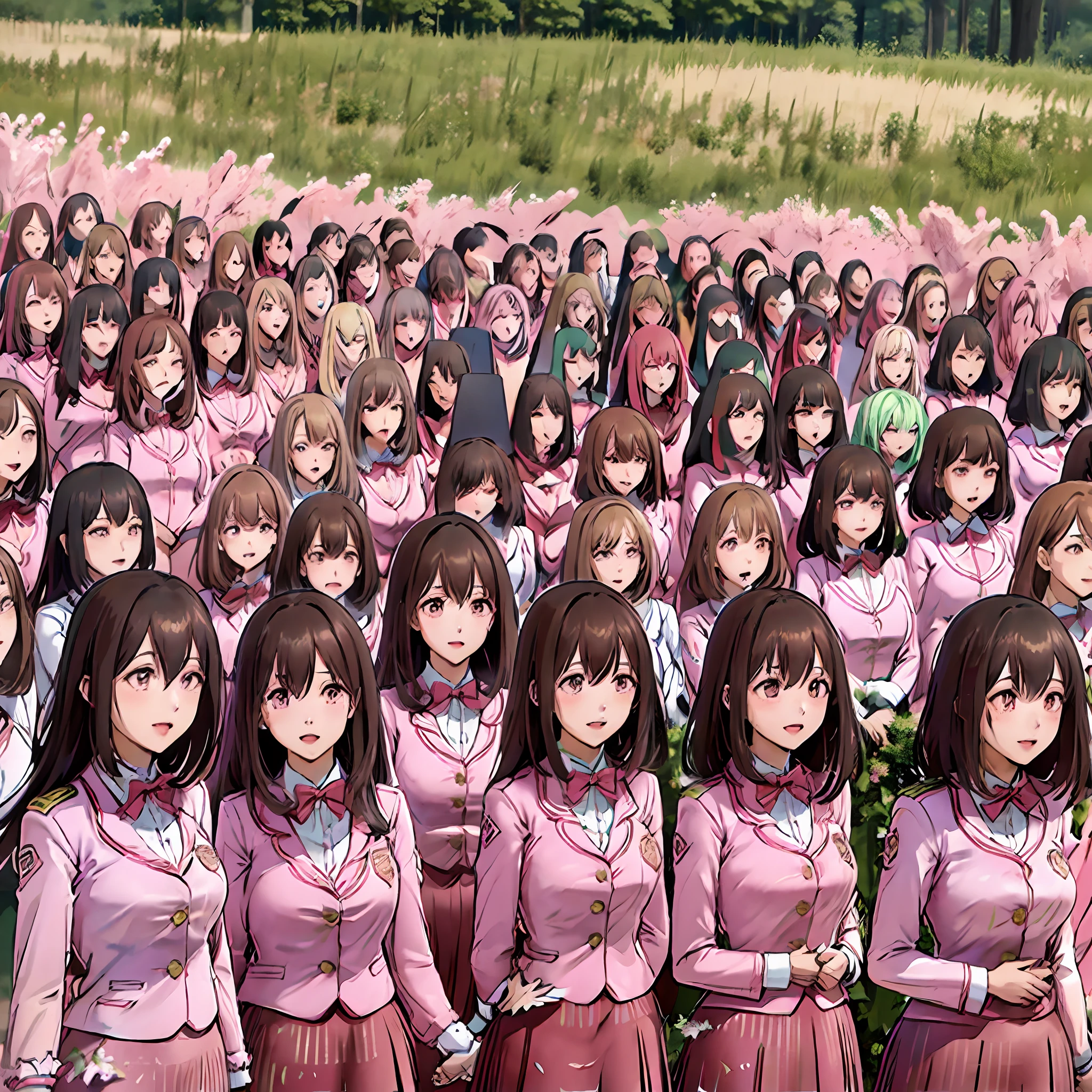 perfect anime illustration, multiple girls, thousands of girls, millions of girls, clones, identical sisters, neat rows of sisters, neat columns of sisters, sisters standing in formation, sisters in background, brown hair, curly hair, matching hairstyle, hazel eyes, smiling, ((matching outfits, pink uniform, pink high heels)), matching hairstyles, white background, highres, full body, pose