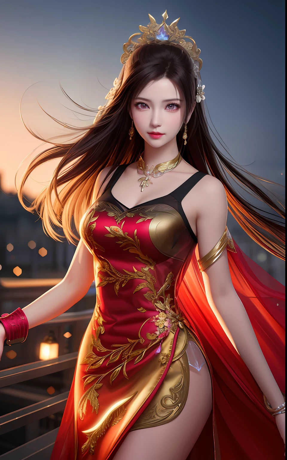 a close up of a woman in a red dress with long hair, beautiful alluring anime woman, a beautiful fantasy empress, inspired by Du Qiong, seductive tifa lockhart portrait, ((a beautiful fantasy empress)), seductive anime girl, beautiful anime woman, glamorous tifa lockheart, beautiful avatar pictures, mai shiranui, lady in pink armor, tifa, (lingerie:1.2), photo realistic, upon_body, tyndall effect, photorealistic, dark studio, rim lighting, two tone lighting, (high detailed skin:1.2), 8k uhd, dslr, soft lighting, high quality, volumetric lighting, candid, Photograph, high resolution, 4k, 8k, Bokeh, breast out,, (purple eyes color), (transparent armor:1.5), big breast,