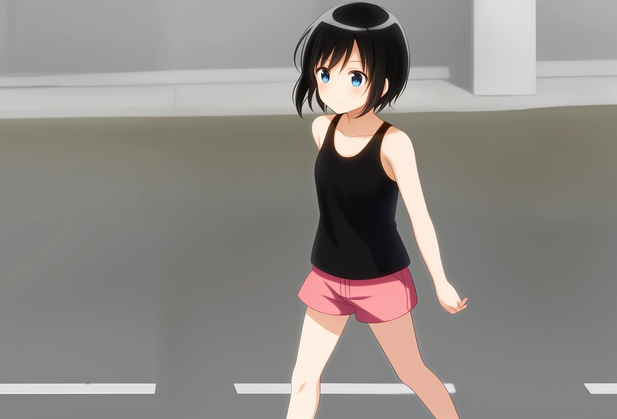 A cute anime teenager, with short black hair and blue eyes, in a black tank top and pink shorts, walking, image focused entirely on her, moe style