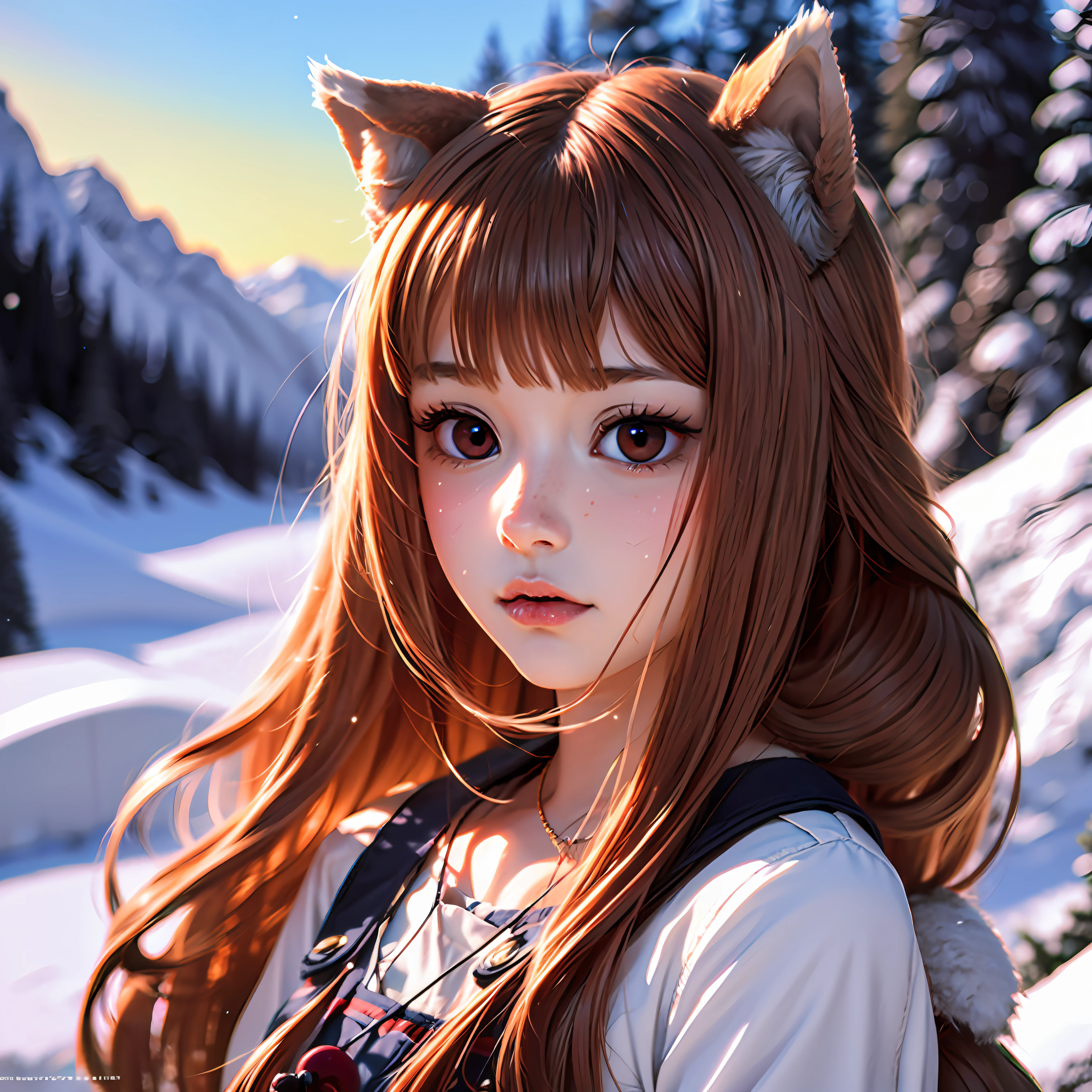 holo, spice and wolf, mountain background with snow, 1 girl, red eyes, brown hair, film grain, backlighting, reflection light, god rays, blurred, cinematic lighting, motion blur, masterpiece, best quality, masterpiece, super detail, high quality, best quality, 16k, HD, high detail, detailed eyes, eye sparkles,