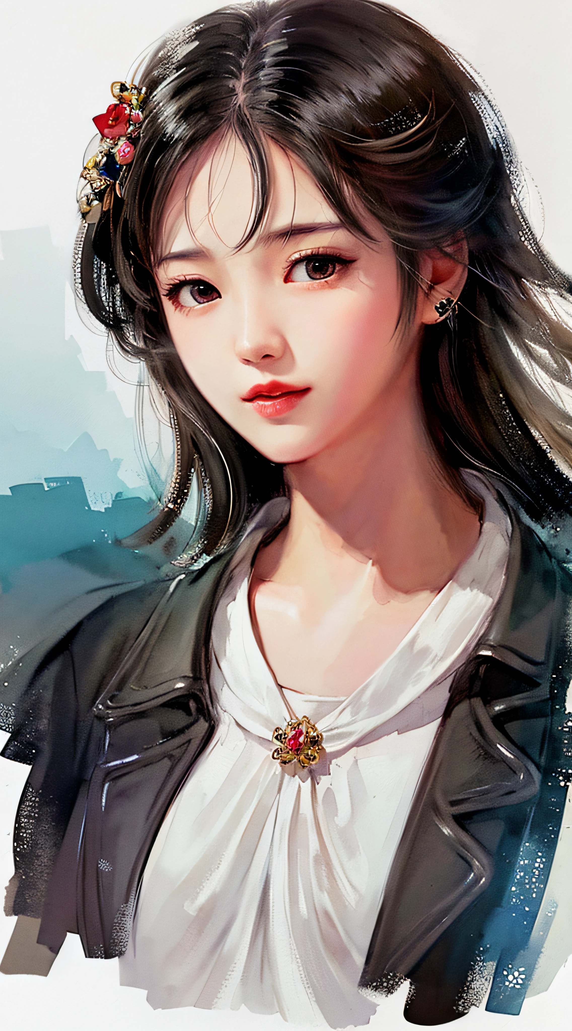 stechu,(white background:1.4), ((tachi-e)), original,(illustration:1.1),(best quality),(masterpiece:1.1),(extremely detailed CG unity 8k wallpaper:1.1), (colorful:0.9),(panorama shot:1.4),(solo:1.2), (ink splashing),(color splashing),((watercolor)), clear sharp focus,{ 1girl standing },((korean style )),flower background,outdoors,rocks, looking at viewer, make happy expressions,soft smile,pure,beautyfull detailed face and eyes,beautyfull intricacy clothing decorative pattern details, black hair,black eyes,colorwater