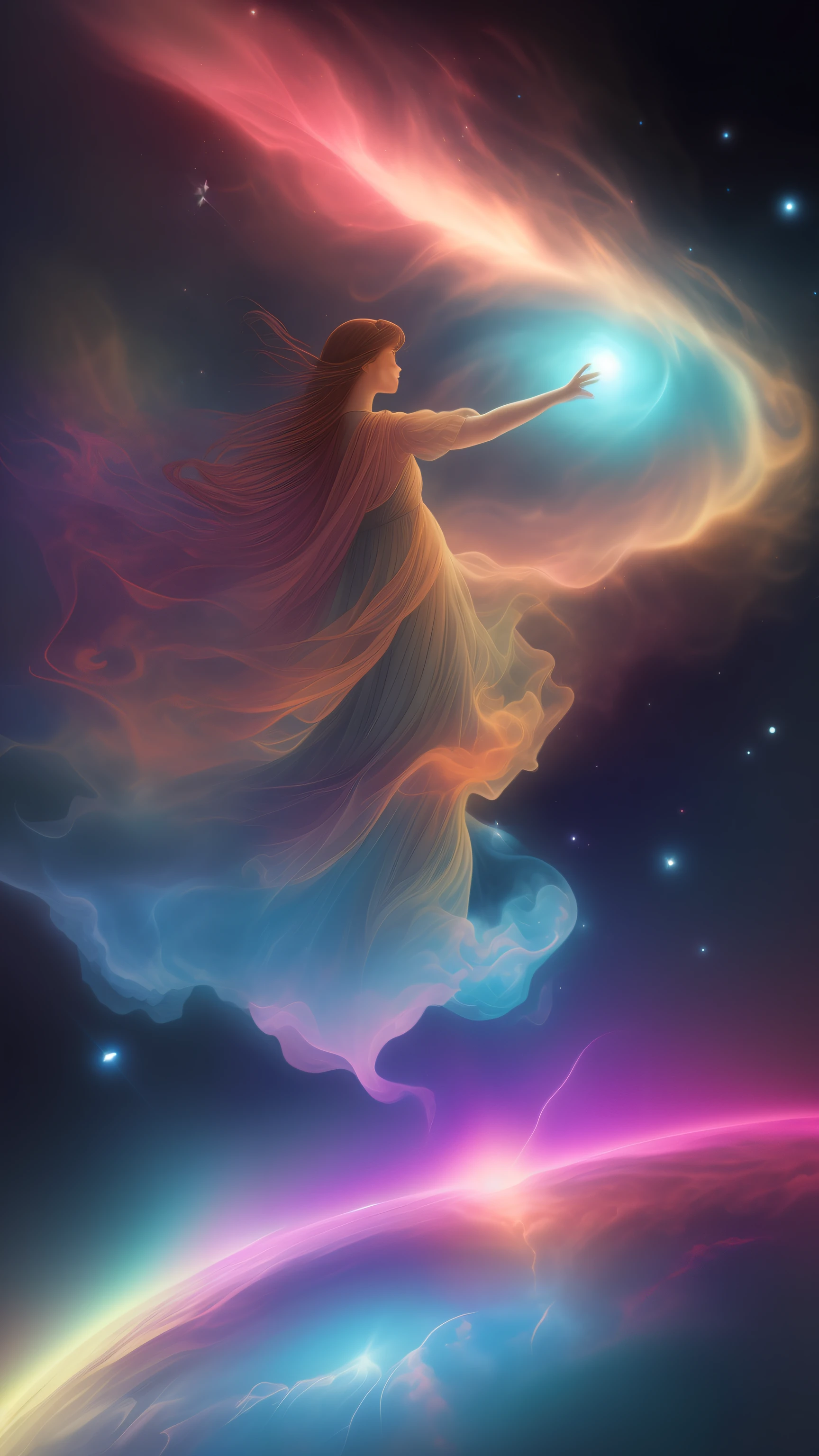 inconceivable and spectacular a scene of emergence of a figure from the glowing cloud, fractal nebula threads, cosmic entities, celestial, cosmic, vibrant and vivid, swirls, twirling, unrealistic, high contrast, symobolism, magical, mystical, mystifying, hyperrealistic, oversaturate, colorfully