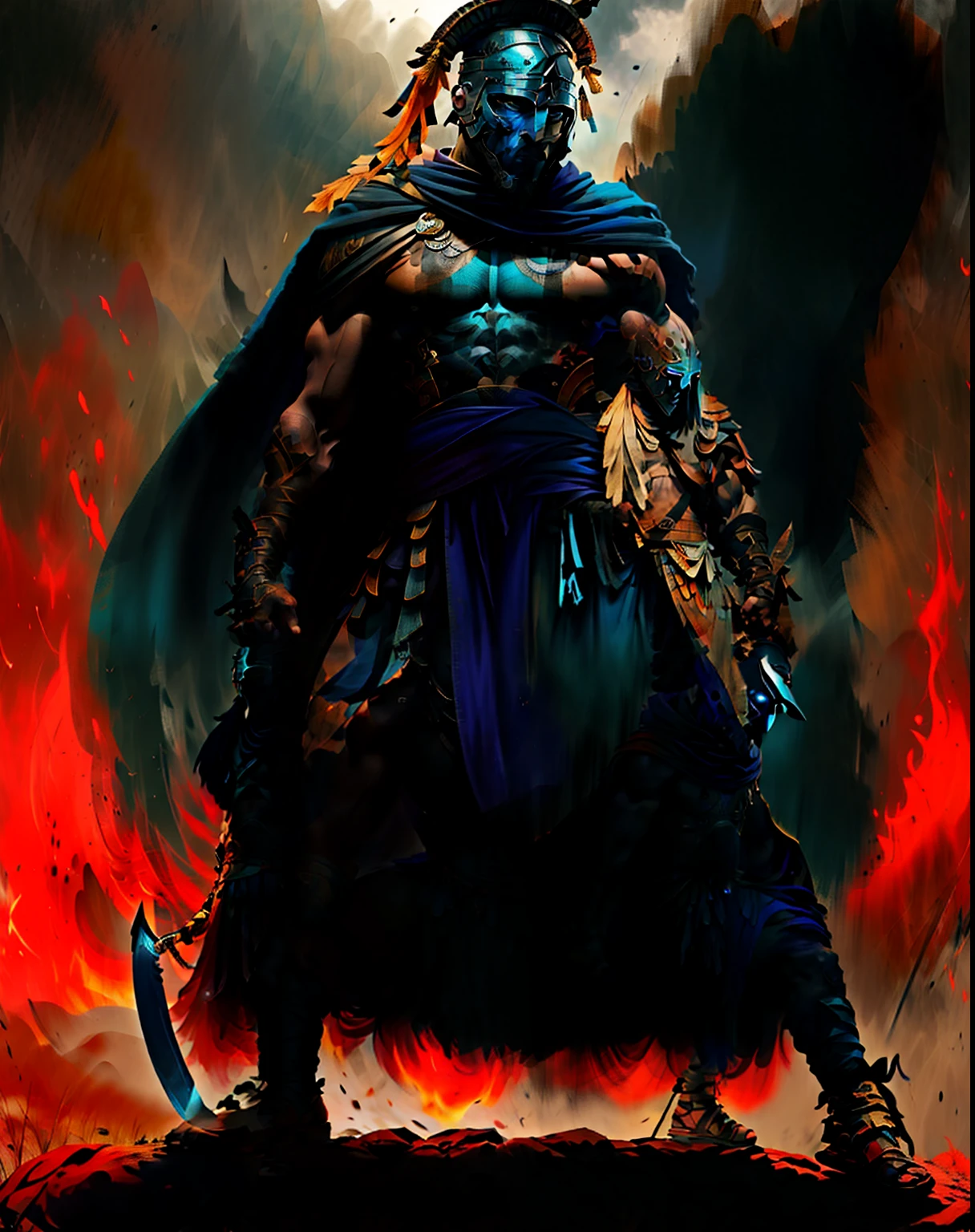 [black man]an African shaman, dark black skin, ritual magic, concentration,((shaman/gerreiro)), flowing blue veil covering the eyes, with blue dress, Yoruba sword and shield, full body, leather and straw details, medium shot. in the style of 0mib. digital painting, super detailed, best quality, soft lighting, in the style of SP4RT4
