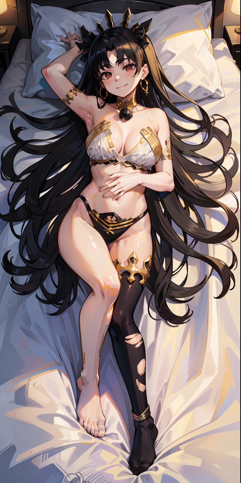 No bra, sexy lingerie, no bra, pantyhose very torn, torn, ishtar, fate, grabbing breasts, white skin, pale, day hotel room, lying in bed, sensual smile, 4k, best quality, masterpiece, beautiful body, sensual, whole body