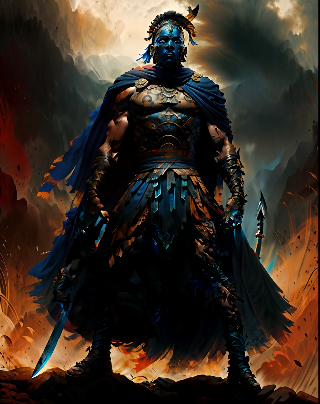 [black man]an African shaman, dark black skin, ritual magic, concentration,((shaman/gerreiro)), flowing blue veil covering the eyes, with blue dress, Yoruba sword and shield, full body, leather and straw details, medium shot. in the style of 0mib. digital painting, super detailed, best quality, soft lighting, in the style of SP4RT4