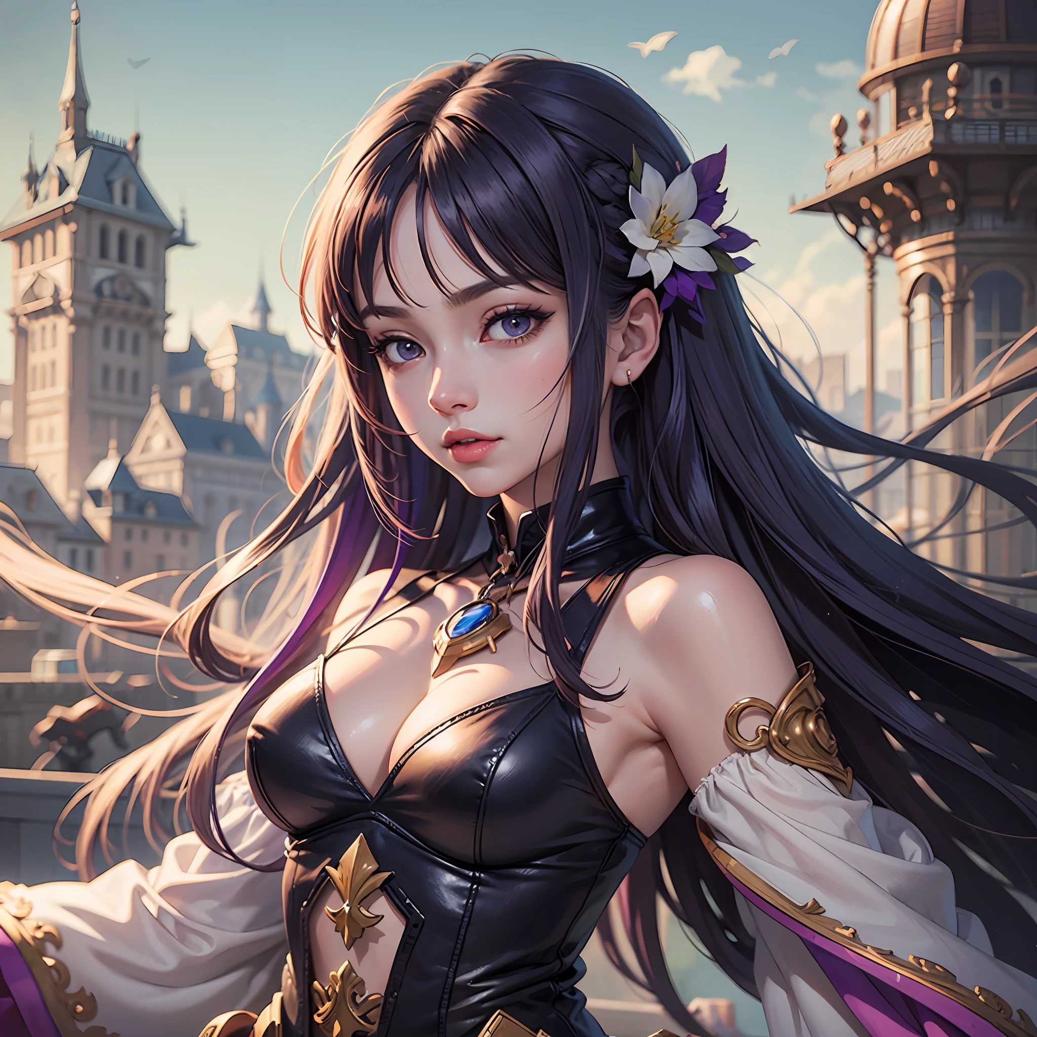 flat ilustration anime girl with long purple hair wearing a purple dress and a tiable, an anime drawing by Kamagurka, pixiv, fantasy art, detailed digital anime art, anime style 4 k, detailed anime art, anime goddess, beautiful anime art style, anime princess, anime moe artstyle, 8k high quality detailed art, detailed anime artwork, anime illustration