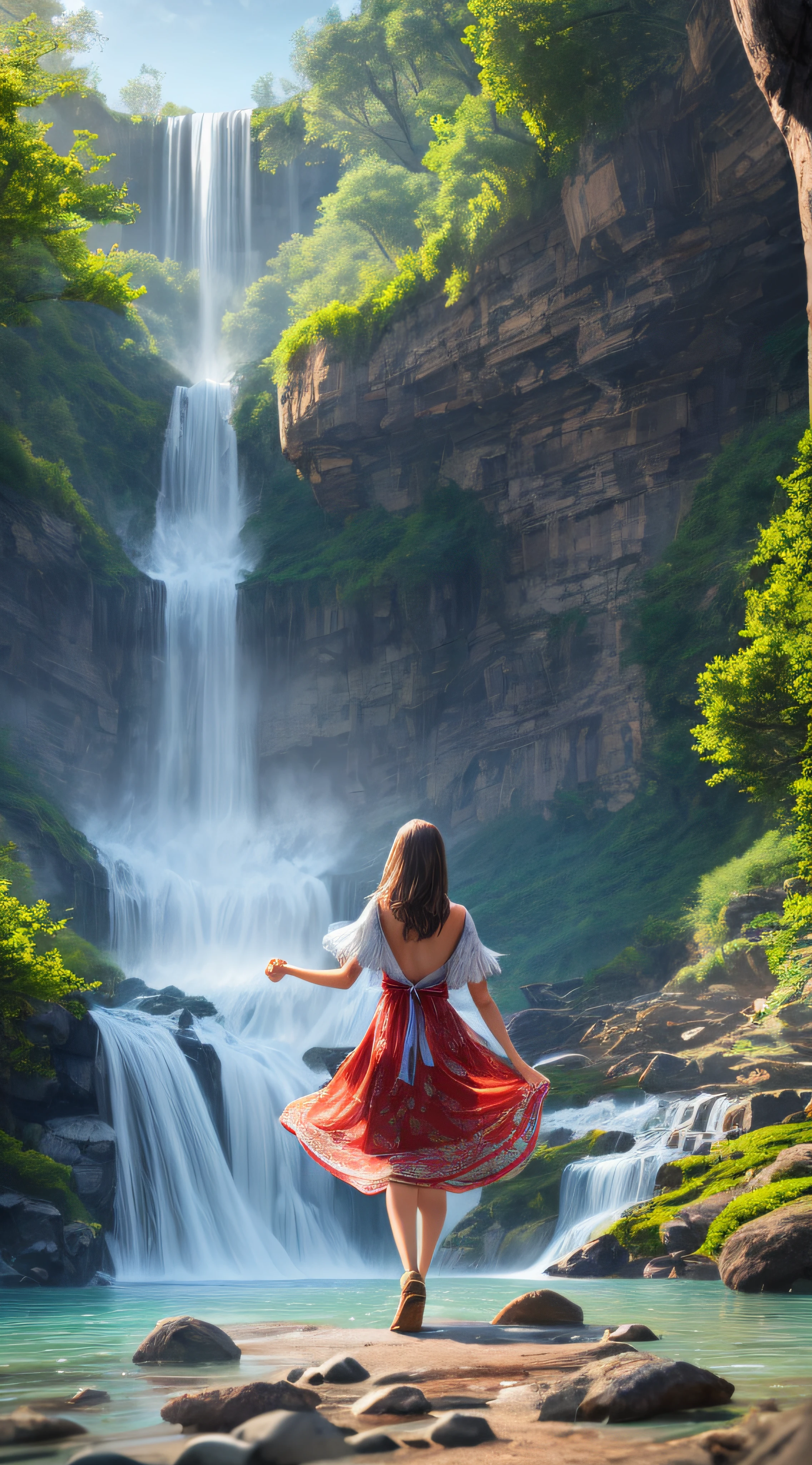 1girl, realistic beautiful young woman, wearing colorful dress, waterfall, walking under the waterfall, with her back to the audience, ethereal beauty, full body, character ratio is only 1/8, lake surface, ((large grove)), Tyndall ray, realism, cinematic lighting, ray tracing, optical illusion, lens flare, 120mm, f/1.2, sony fe gm, ultra hd, retina, masterpiece, ((best quality)), ((masterpiece)), (very detailed: 1.3)