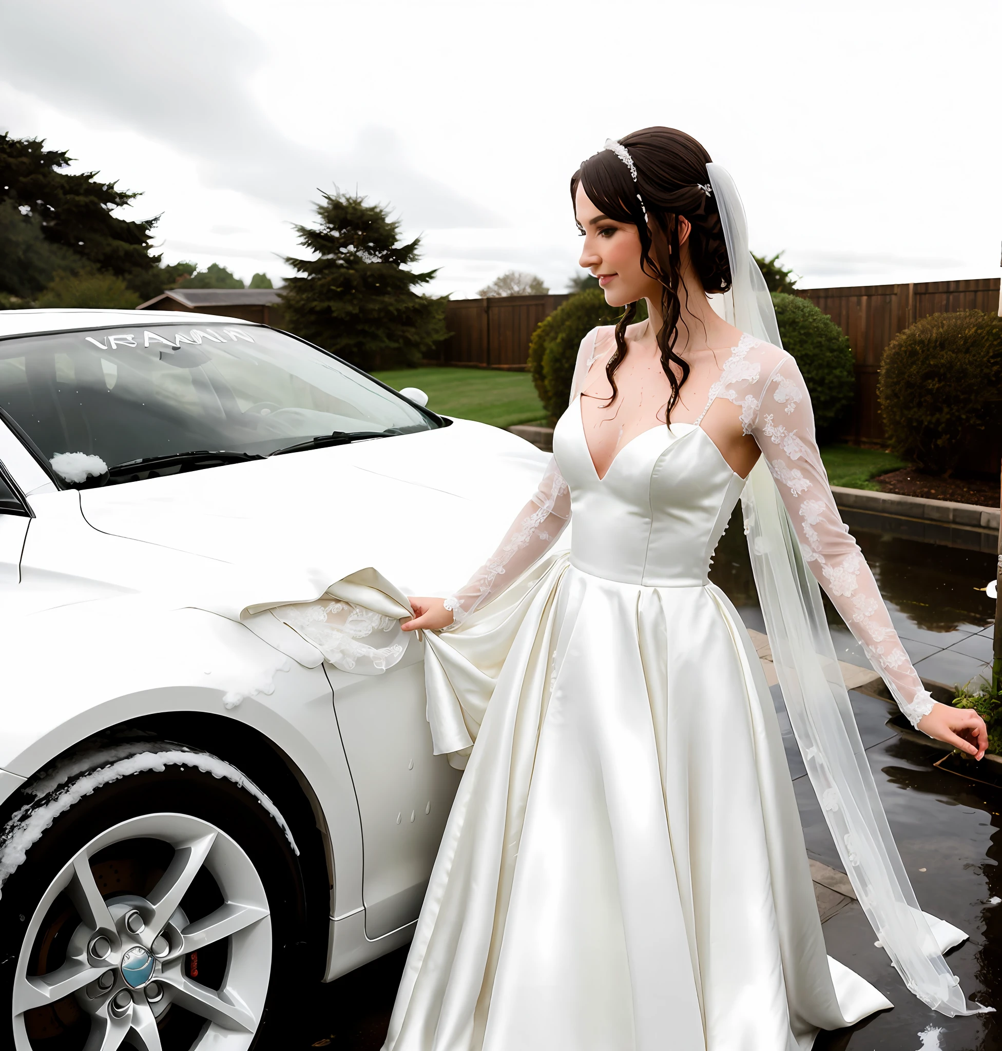 Beautiful bride wearing wedding dress, veil, and long satin gloves washing the car, stunning white ballgown, washing car, scrubbing soapy car, in driveway, wet bride, wet gown, wet hair