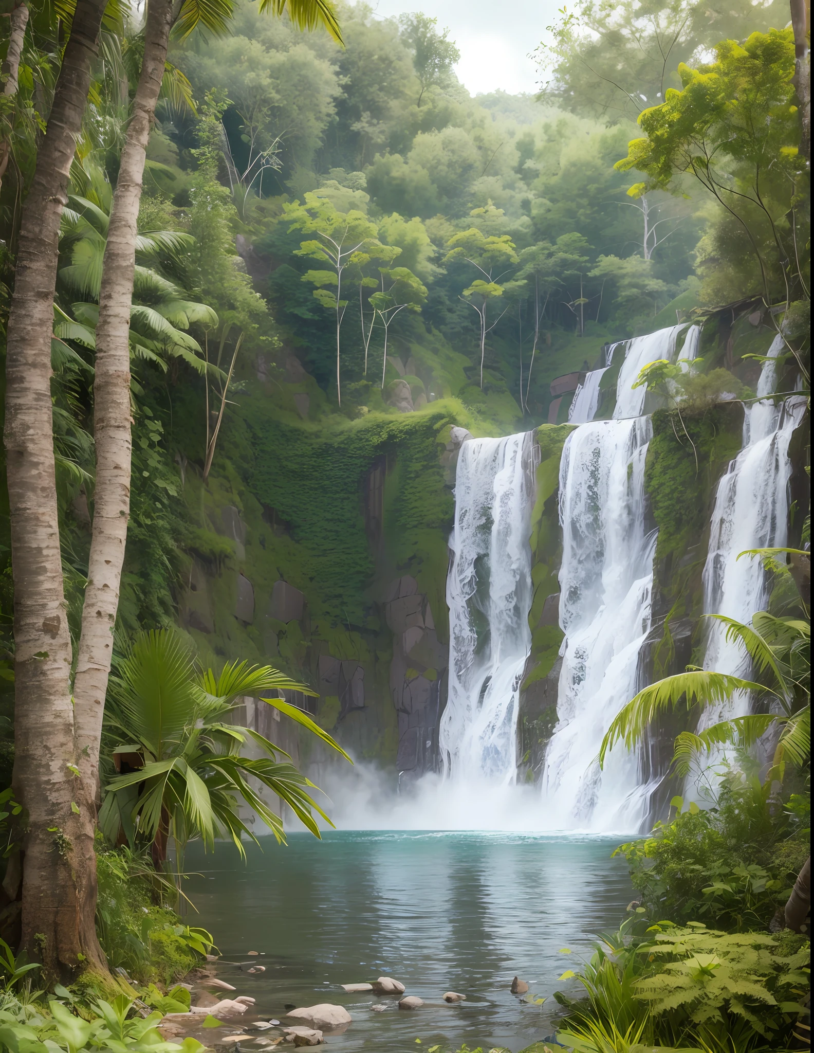 Wooden house near a high waterfall in a jungle. Highly detailed. digital painting, artstation, concept art, soft focus, sharp, illustration --auto --s2