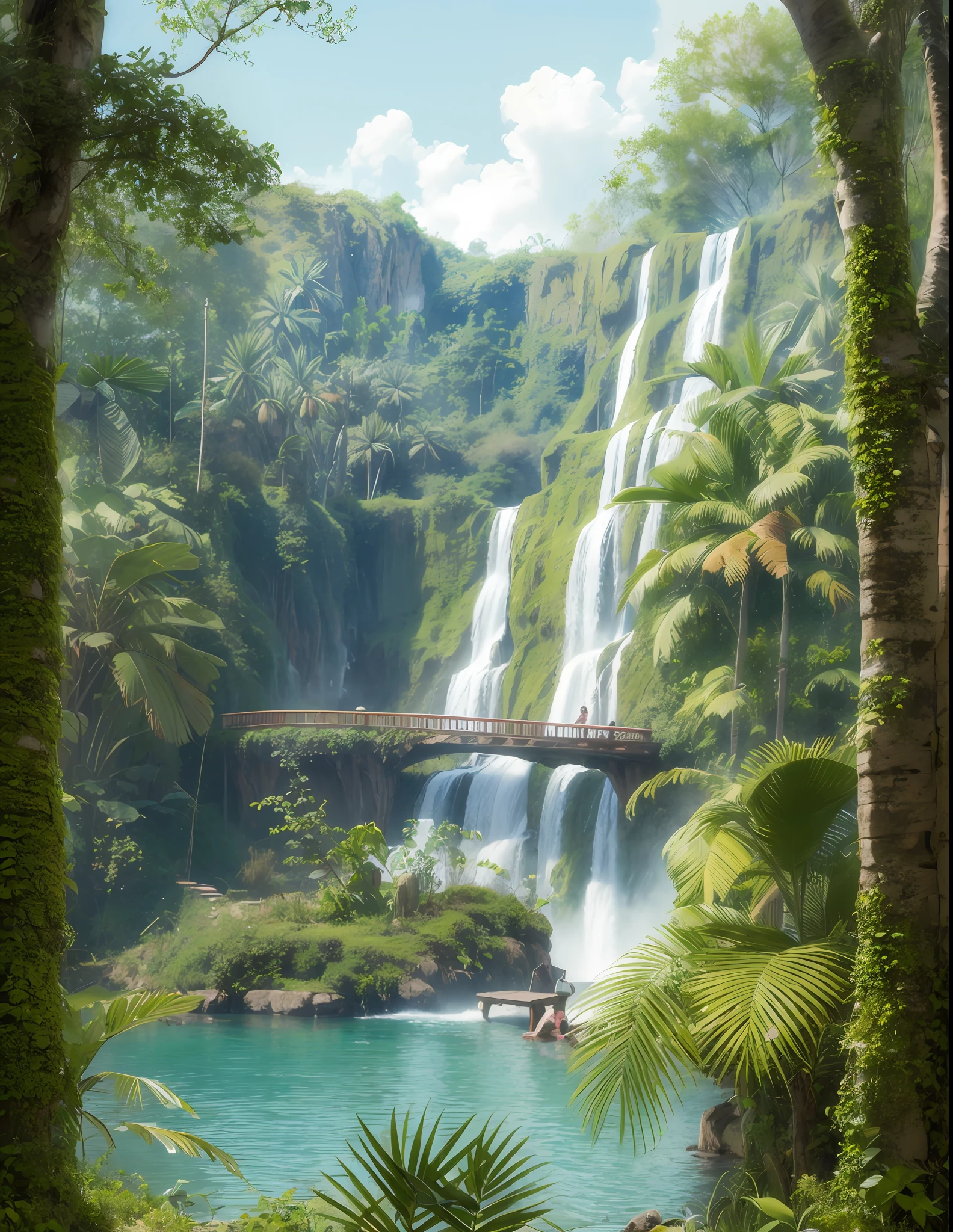 Wooden house near a high waterfall in a jungle. Highly detailed. digital painting, artstation, concept art, soft focus, sharp, illustration --auto --s2