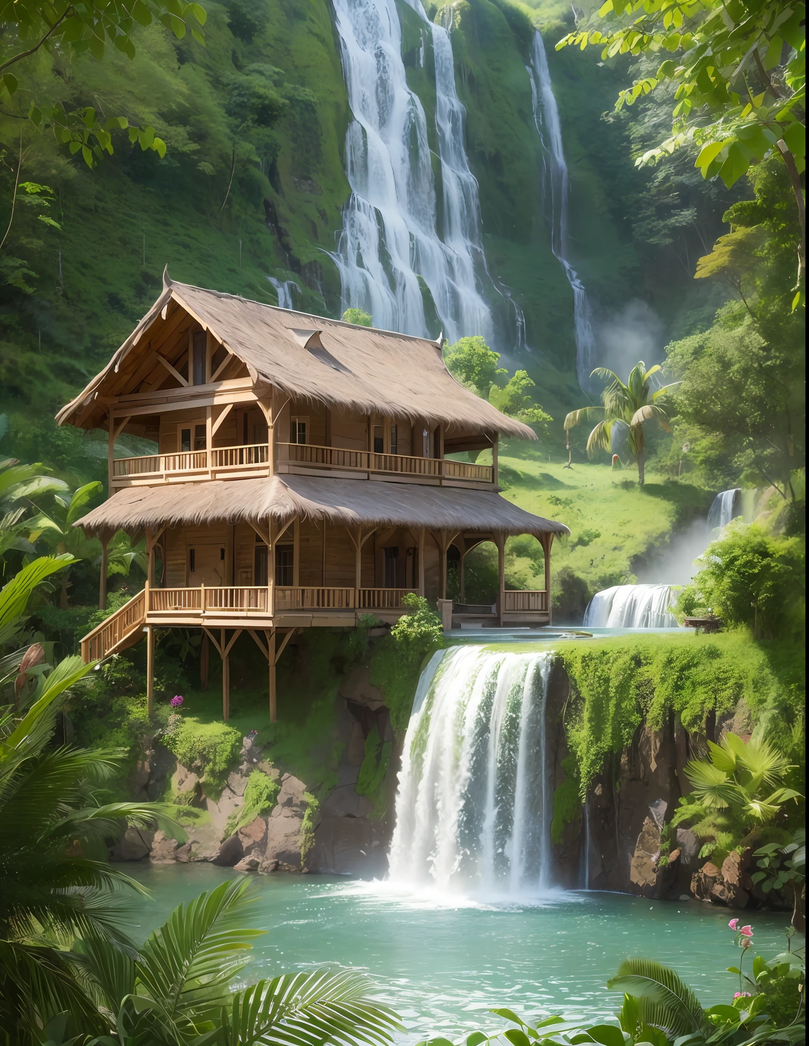 Wooden house near a high waterfall in a jungle. Highly detailed. digital painting, artstation, concept art, soft focus, sharp, illustration --auto --s2