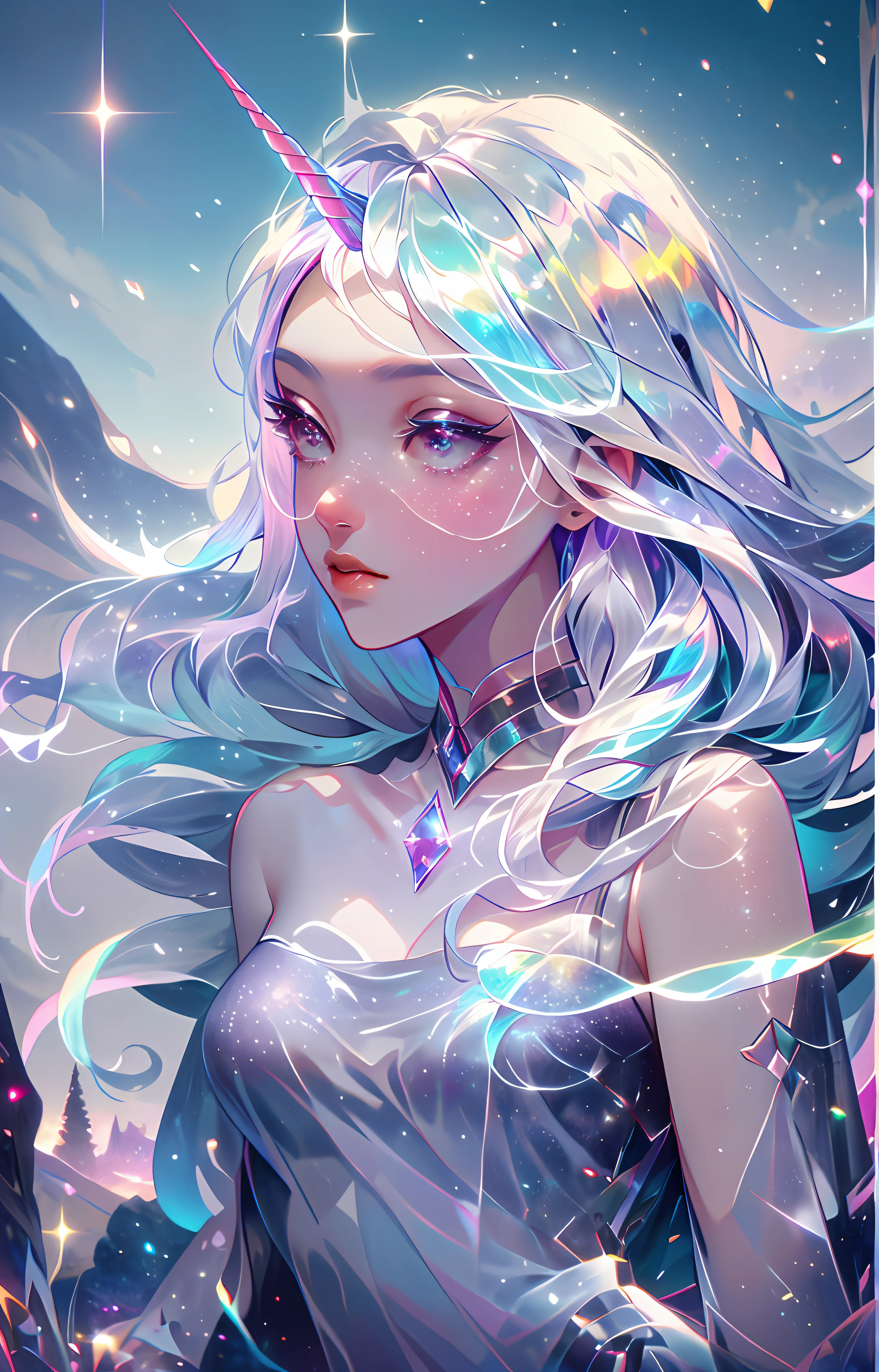 Masterpiece, 1girl, (1 shiny unicorn horn on forehead):1.3, meadow, unicorn_hooves, enchanted_forest, monster girl, detailed, add_detail:1, colored shiny hair, half body, crystal kingdom scenery