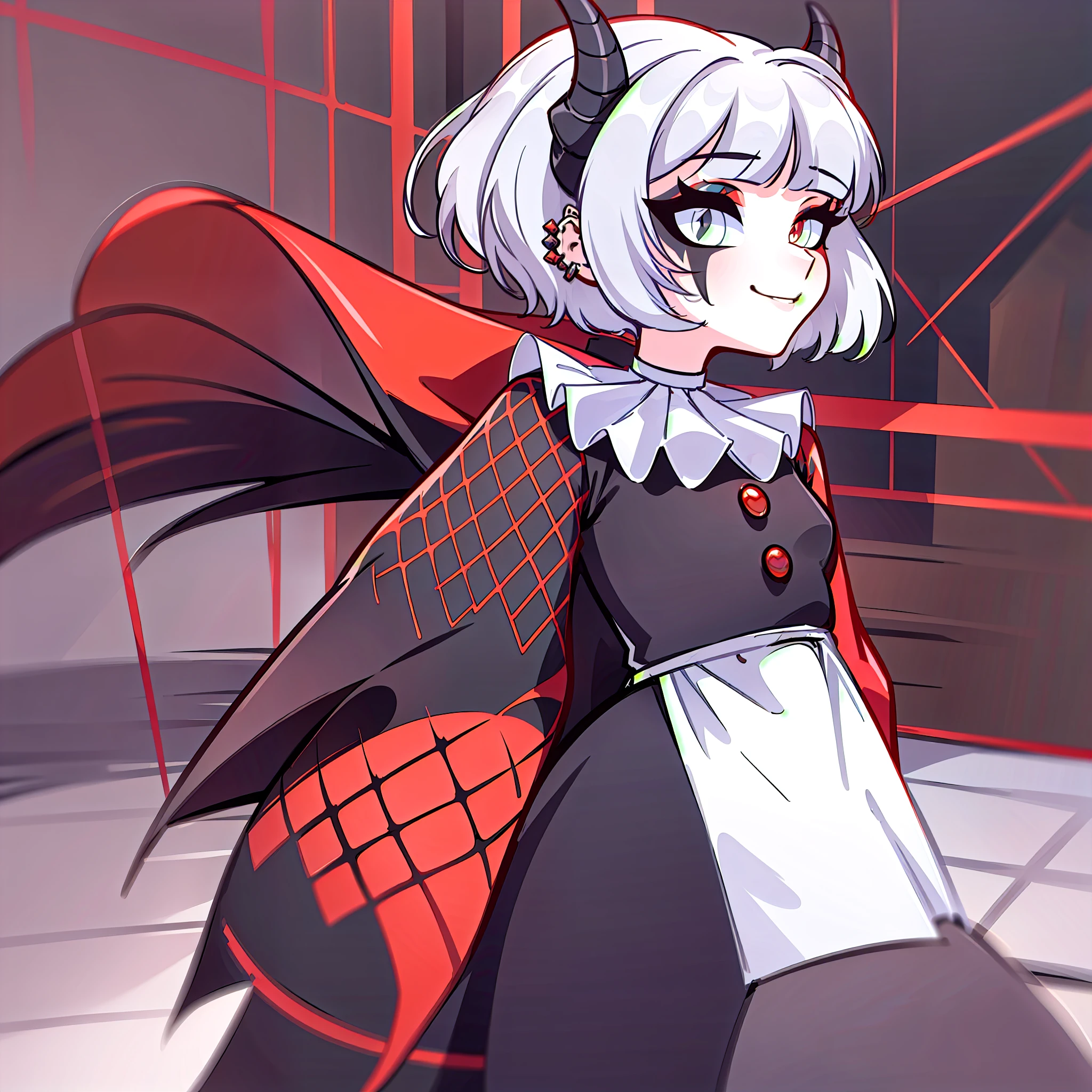 (Best quality: 1.0), (super high res: 1.0), extremely detailed character, detailed Hands, half-dragon girl, horns, scales on the neck, scales on the shoulders, scales on the forearm, scales on the cheek, girl with dragon tail, dragon tail, extremely detailed hair, short hair, ((white hair)), ((black locks)), extremely detailed eyes, eye with different colors, heterochromia, white right eye and black left eye, dragon eyes, 2d, anime art, (()), ((full body)), standing, medieval, rpg, small, cute, smiling, piercing look