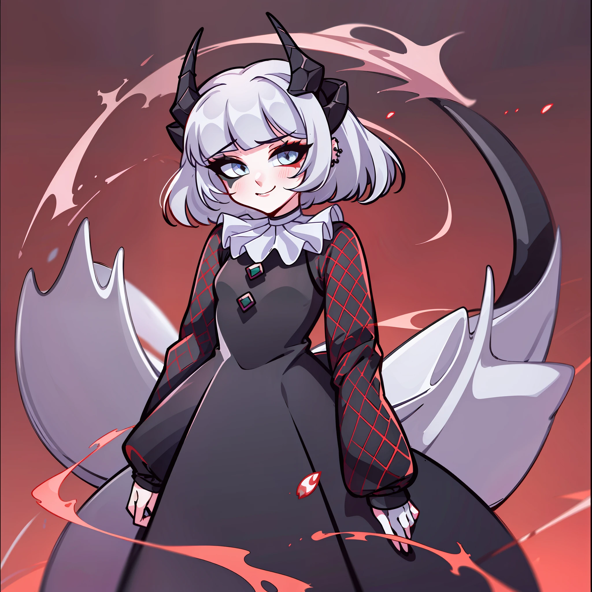 (Best quality: 1.0), (super high res: 1.0), extremely detailed character, detailed Hands, half-dragon girl, horns, scales on the neck, scales on the shoulders, scales on the forearm, scales on the cheek, girl with dragon tail, dragon tail, extremely detailed hair, short hair, ((white hair)), ((black locks)), extremely detailed eyes, eye with different colors, heterochromia, white right eye and black left eye,  dragon eyes, 2d, anime art, ((child)), ((full body)), standing, medieval, rpg, small, cute, smiling, piercing look