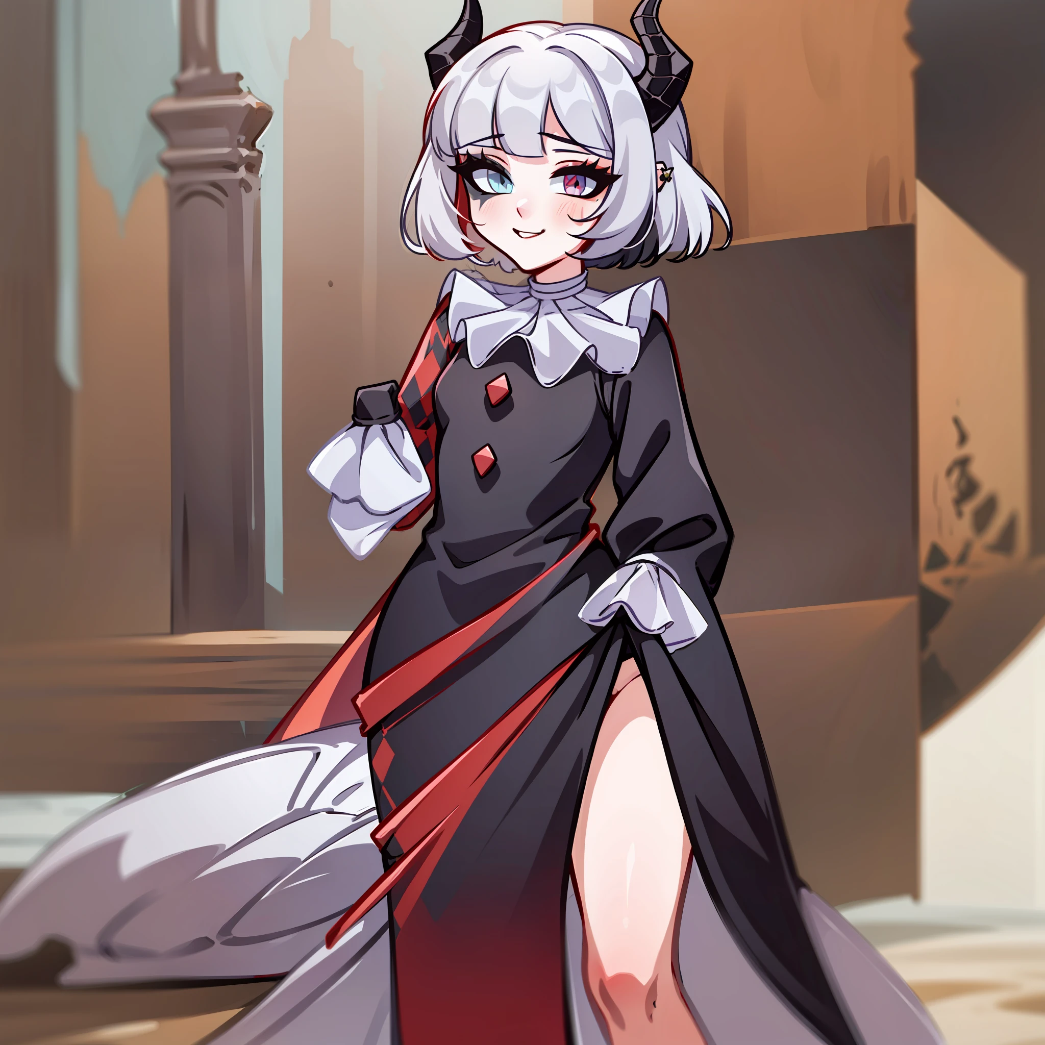 (Best quality: 1.0), (super high res: 1.0), extremely detailed character, detailed Hands, half-dragon girl, horns, scales on the neck, scales on the shoulders, scales on the forearm, scales on the cheek, girl with dragon tail, dragon tail, extremely detailed hair, short hair, ((white hair)), ((black locks)), extremely detailed eyes, eye with different colors, heterochromia, white right eye and black left eye, dragon eyes, 2d, anime art, ((child)), ((full body)), standing, medieval, rpg, small, cute, smiling, piercing look