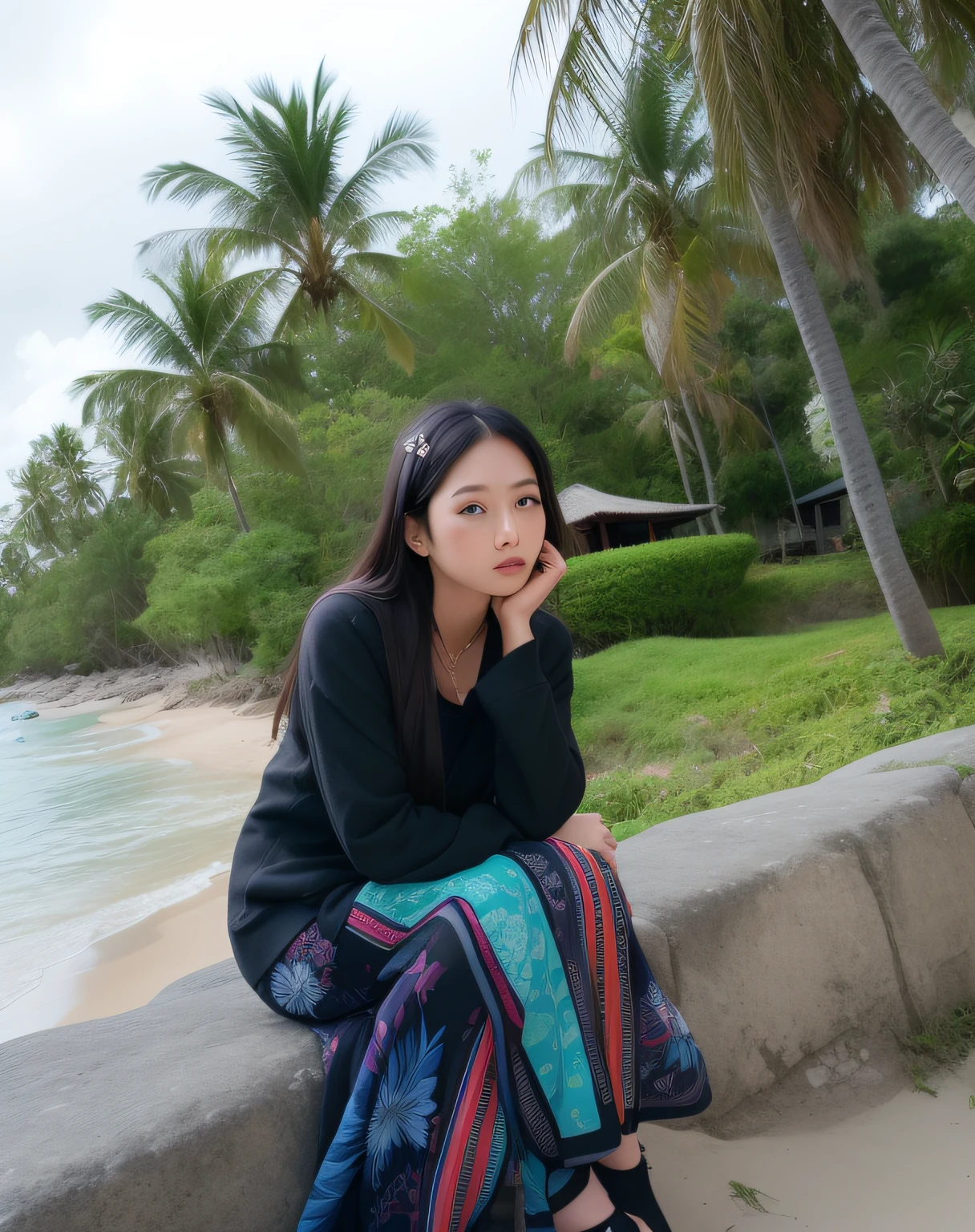 woman sitting on a rock near the ocean with palm trees, at a tropical beach, posing on a beach with the ocean, a young asian woman, young asian girl, young asian woman, vietnamese woman, portrait shot, nivanh chanthara, mid shot portrait, beautiful asian woman sitting, sitting on the beach, portait image