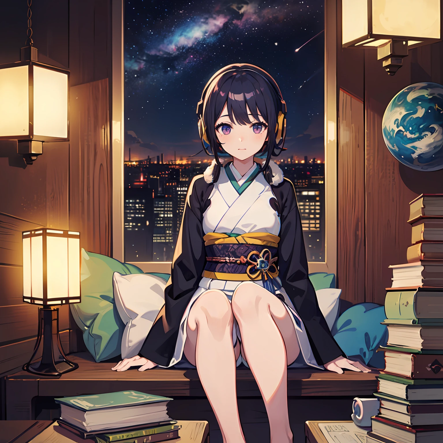 girl sitting in a room full of books, with headphones, with a window, a japanese city, east asian city, in the background a nebula and planets, in 4k, high quality, masterpiece, best quality, ghibi type anime version, anime, japanese anime, --auto