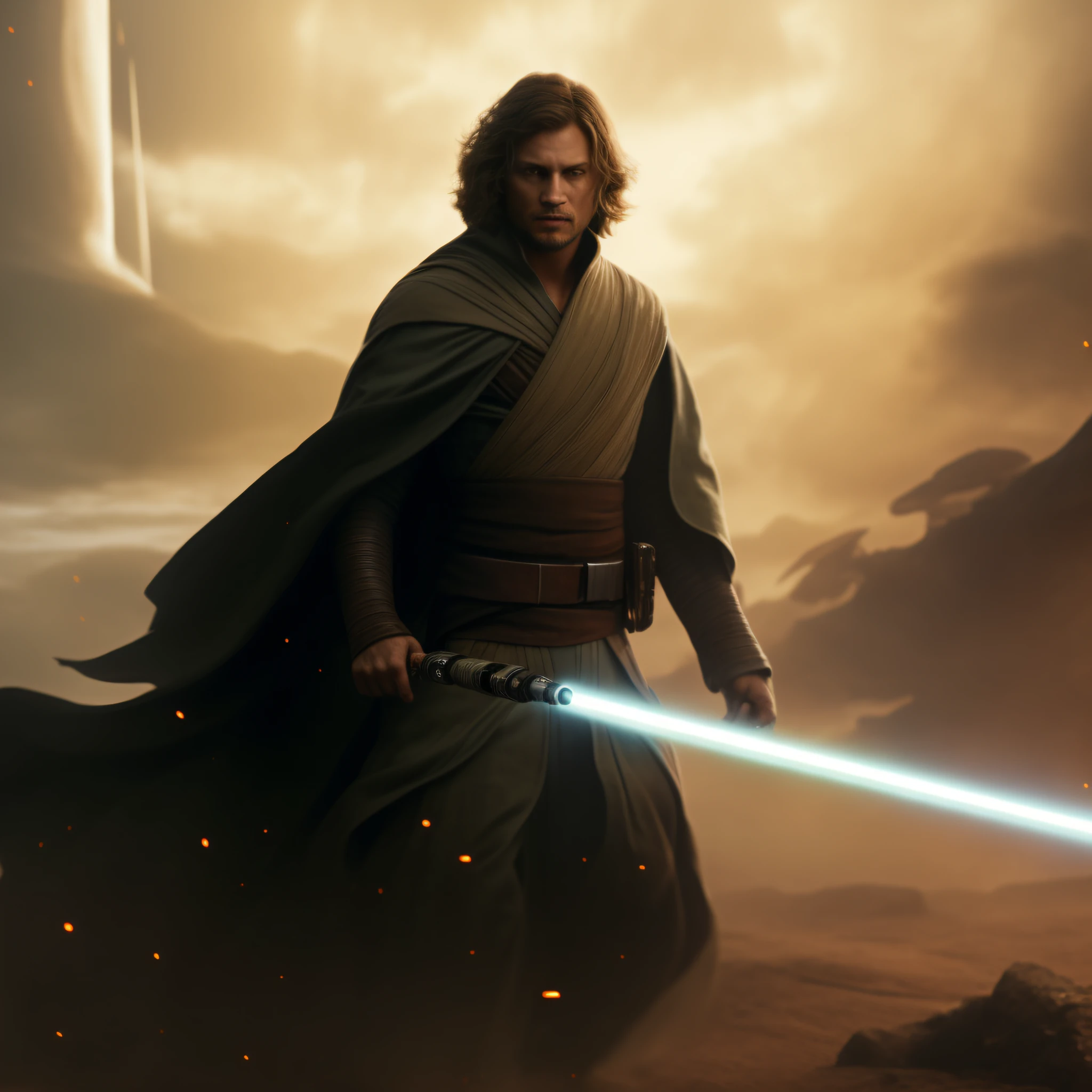 star wars the force awakes in this digital painting of a man with a sword, cal kestis lightsaber wallpaper, jedi master, jedi with light saber, holding lightsaber 4 k, jedi, travis fimmel as a jedi master, lightsaber wallpaper 4 k, rey, jedi knight, samurai jedi, lucasfilm jesper ejsing, a christian jedi