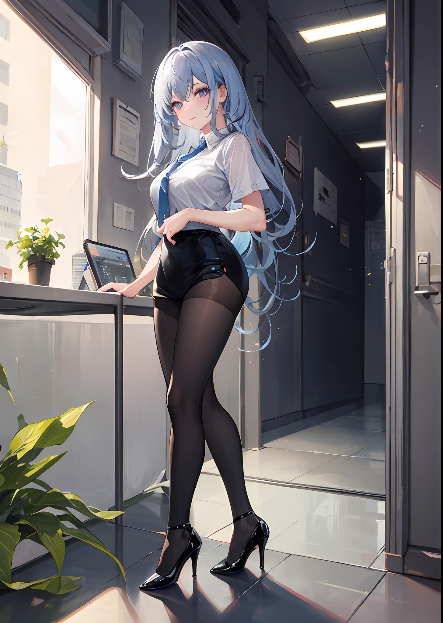 穿着超短裙和接缝丝袜的美丽性感秘书全身照片,stands_straight, ((solo)), adult, in the office, high heels, craves, strokes_herself