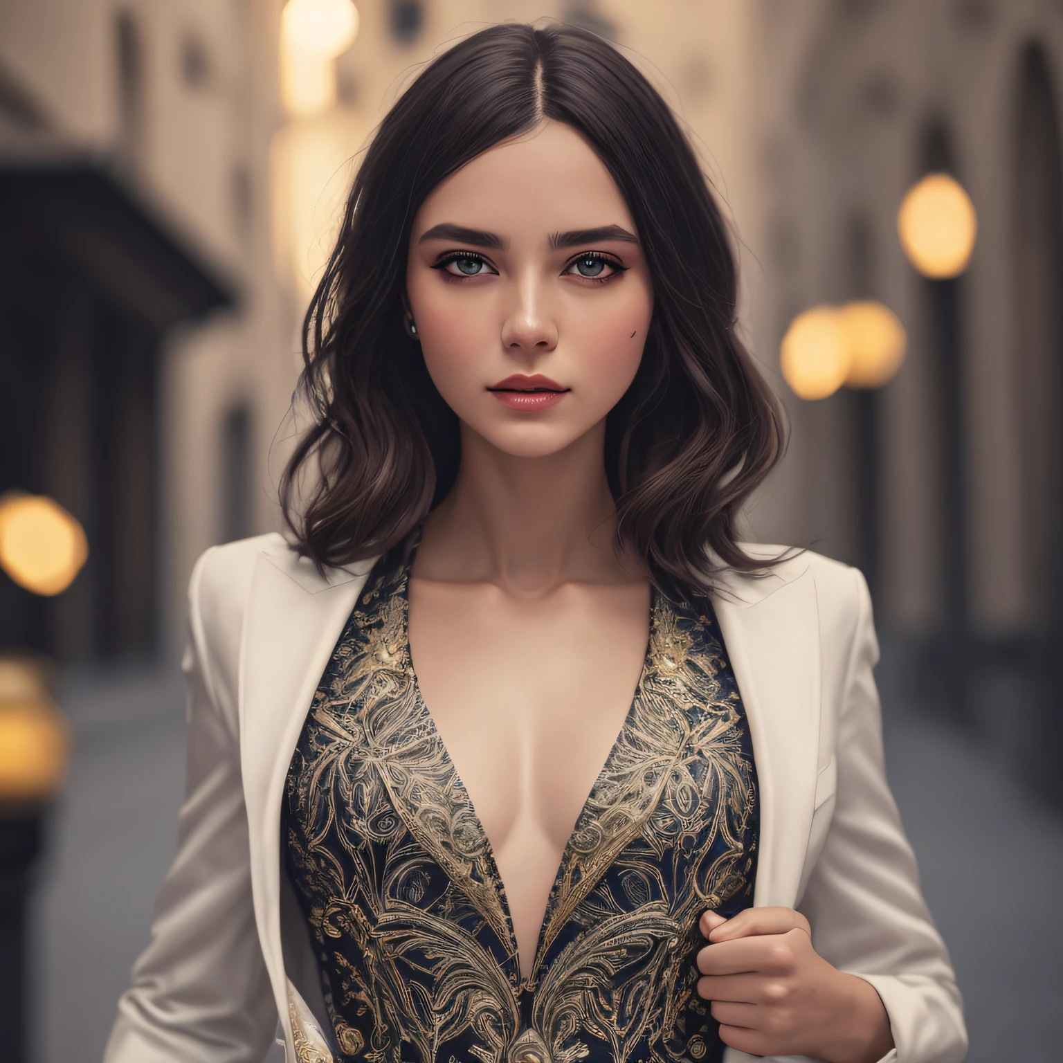 A nipple comes out from under the shirt undercucho Close portrait of elegant person [undercucho] in tailored suit - futuristic style, intricate baroque detial, elegant, bright lights, highly detailed, digital painting, artstation, concept art, soft, sharp focus, illustration, art by wlop, mars ravelo and greg rutkowski (highly detailed skin: 1.2), 8k uhd, dslr, soft lighting, high quality,  film grain, Fujifilm XT3 mix4 female model, black suit, seductive, Florence, Italy background, night, bokeh, depth of field, (upper body: 1.0), best quality, intricate details, detailed eyes, masterpiece, film grain, 1980s, kodakchrome, flashlight