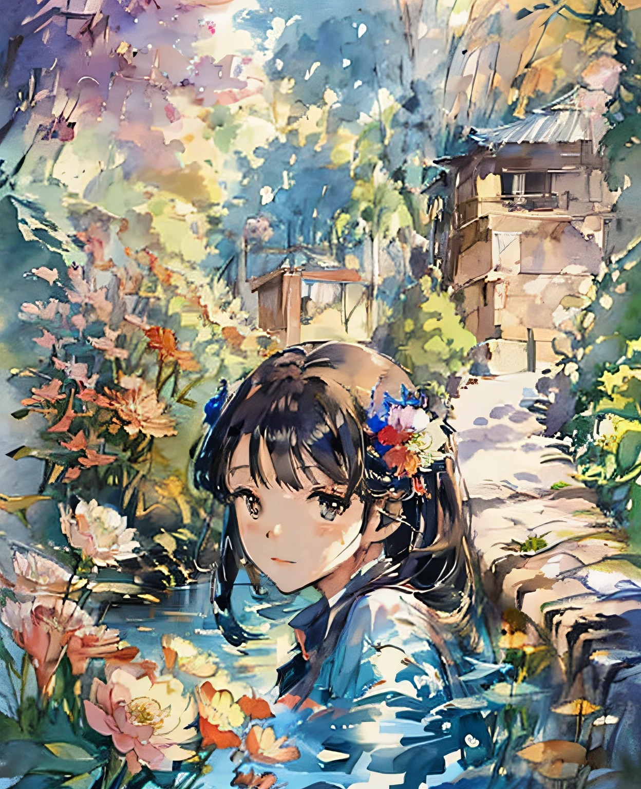 Anime girl with a flower in her hair and another girl with a flower in her hair in a lotus pond, art in Guvitz style, Guwiz in art station pixiv, Guwiz in pixiv art station, beautiful artwork illustration, Guwiz masterpiece,