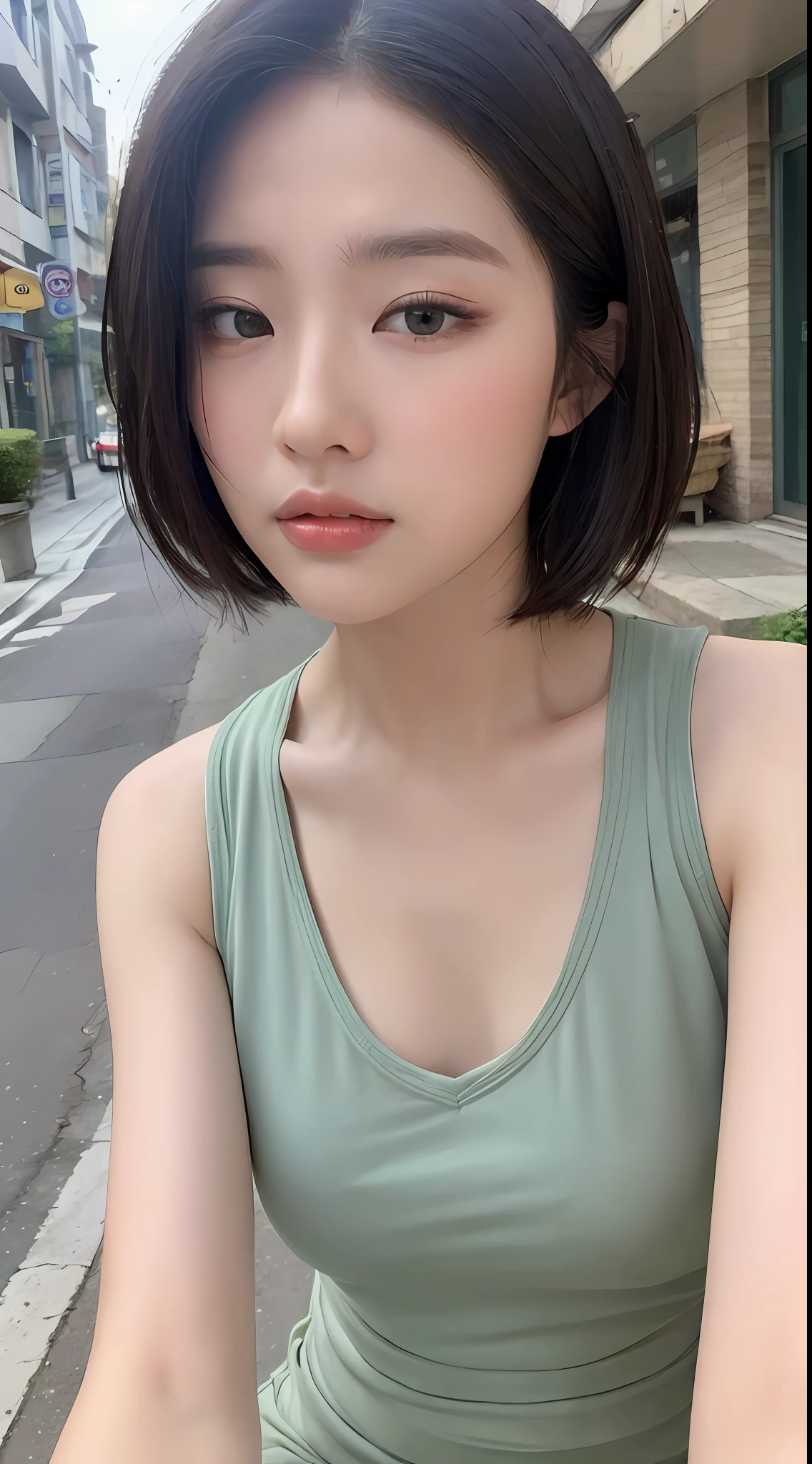 ((Best quality, 8k, Masterpiece :1.3)), Sharp focus:1.2, Perfect Body Beauty:1.4, Slim Abs:1.2, ((Layered Short Hair:1.2)), (Tank top shirt:1.1), (Street:1.2), Highly detailed face and skin texture, Detailed eyes, Double eyelids, white vest