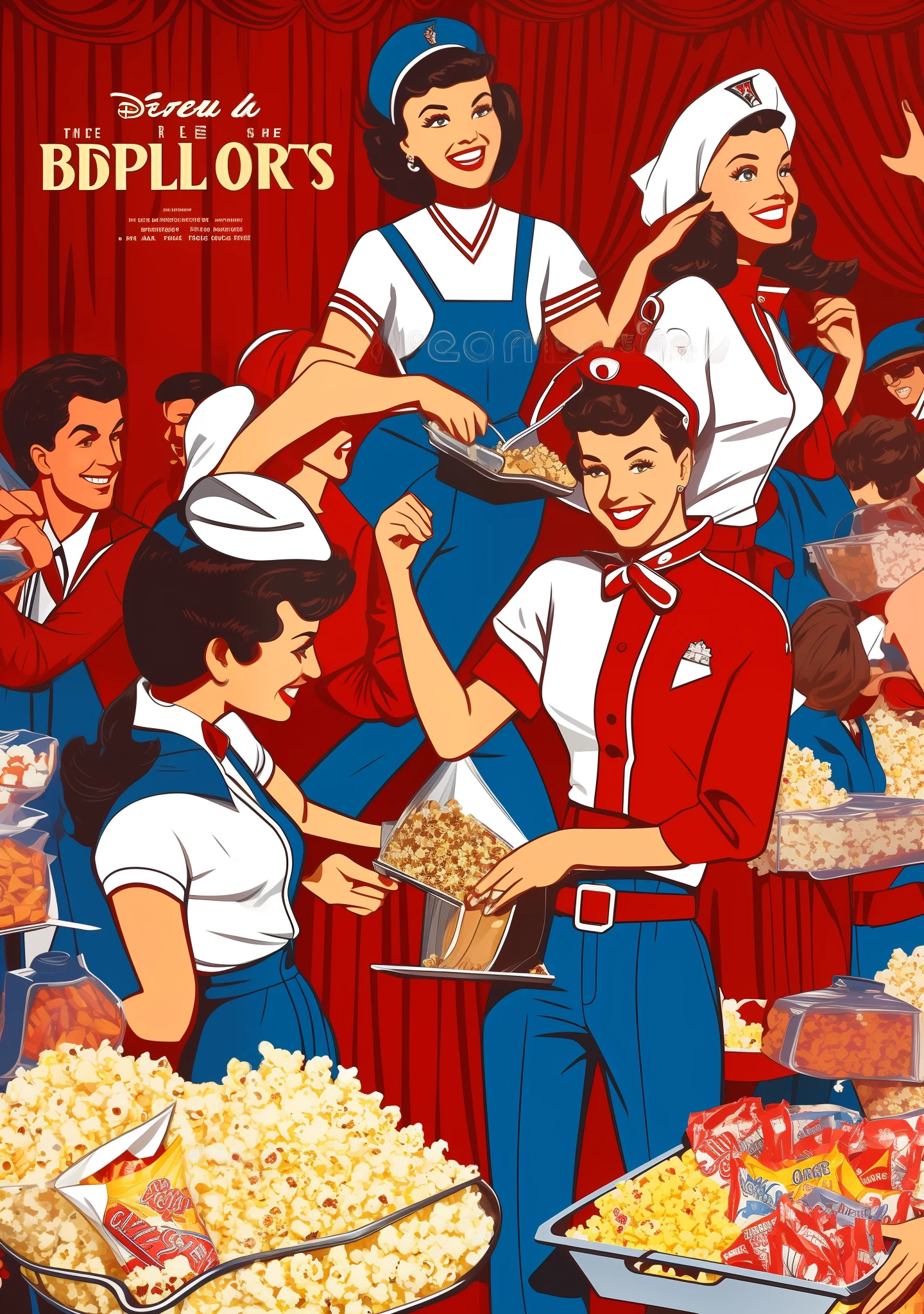 An old movie theater from the 50s, with luxurious and sophisticated decoration. Red colors, In the center of the illustration, there is a young woman in a modern-day movie uniform: blue pants, white T-shirt and a cap on her head. She's holding a tray of candy and buckets of popcorn as she smiles at onlookers.