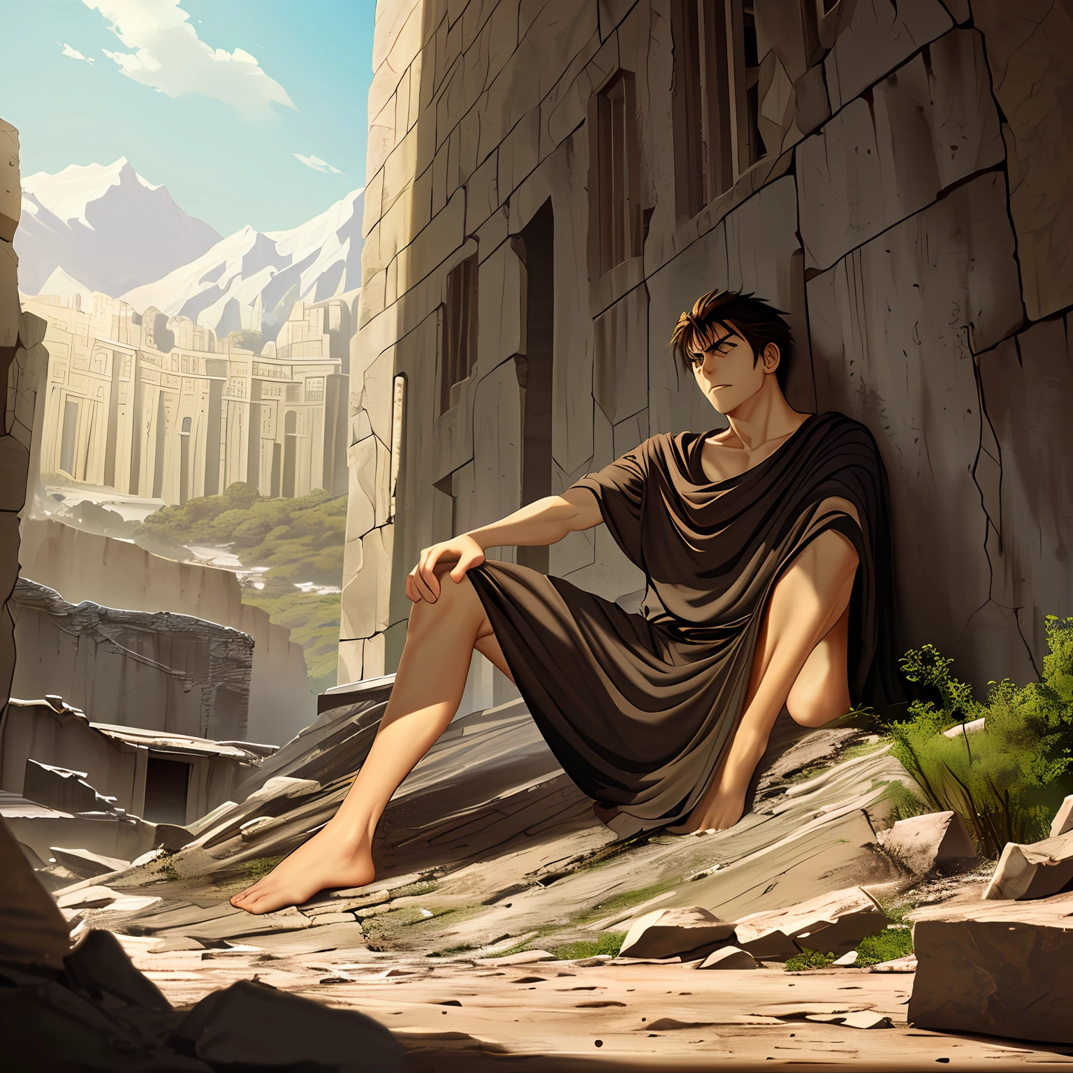 (((Young Man of both legs)))), sad, frustrated, sitting staring at the ground, in a ruin of biblical times, (((dressed in clothes of biblical times)))), medium beard, dressed in white