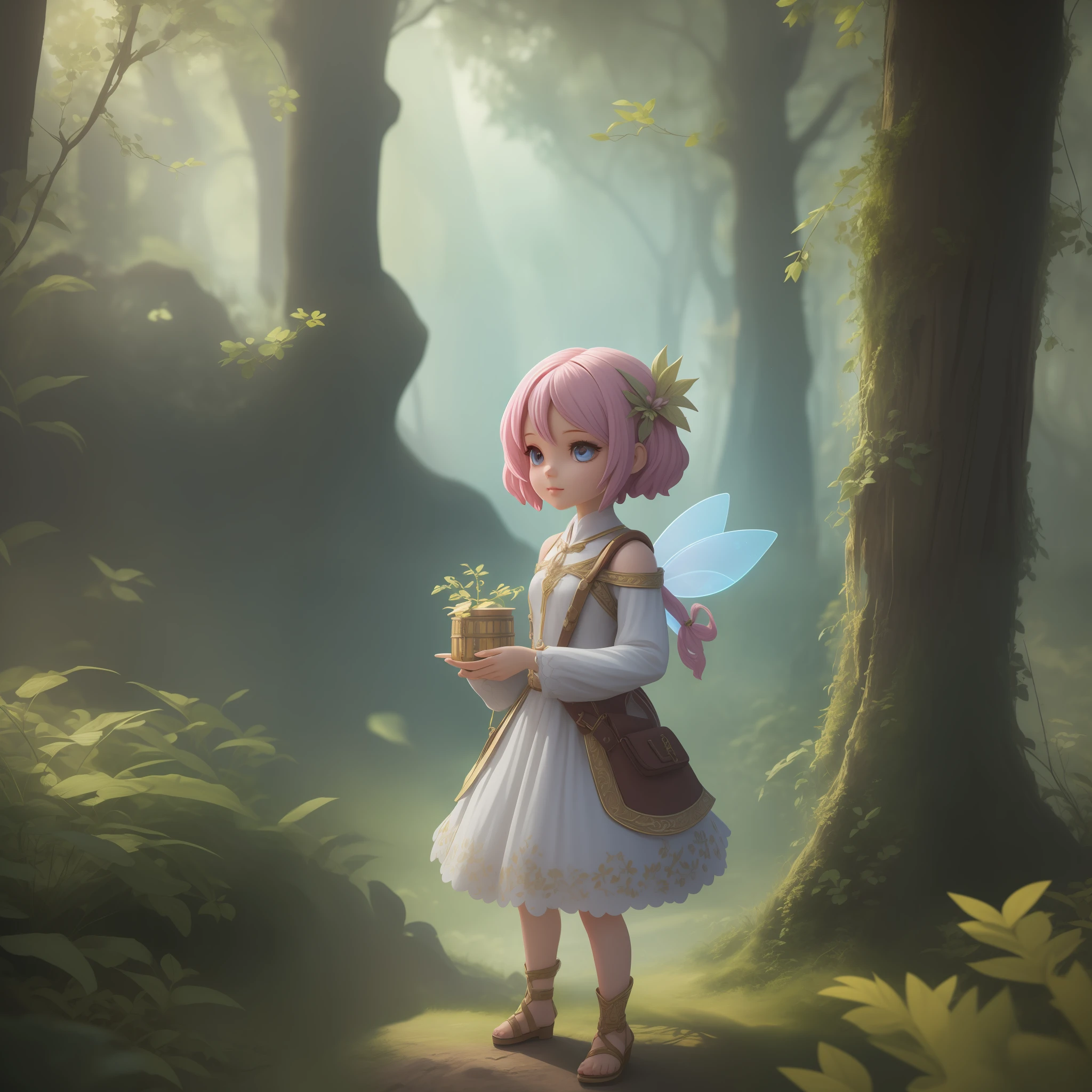 chibi girl, Enchanting, Fairy Tale Fantasy, Matte Painting, vibrant colors, soft and magical lighting, soft and organic textures, dynamic and fun camera angles, ArchViz rendering, 500px, figurine, opalescent colors, interior design, V -Ray render, 4k --ar 1:1