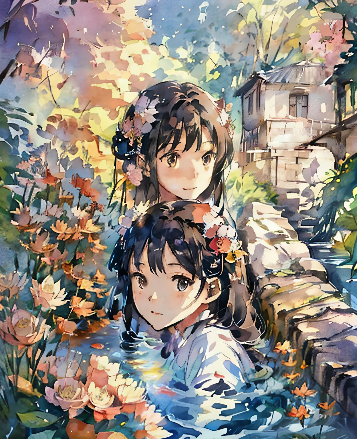 Anime girl with a flower in her hair and another girl with a flower in her hair in a lotus pond, art in Guvitz style, Guwiz in art station pixiv, Guwiz in pixiv art station, beautiful artwork illustration, Guwiz masterpiece,