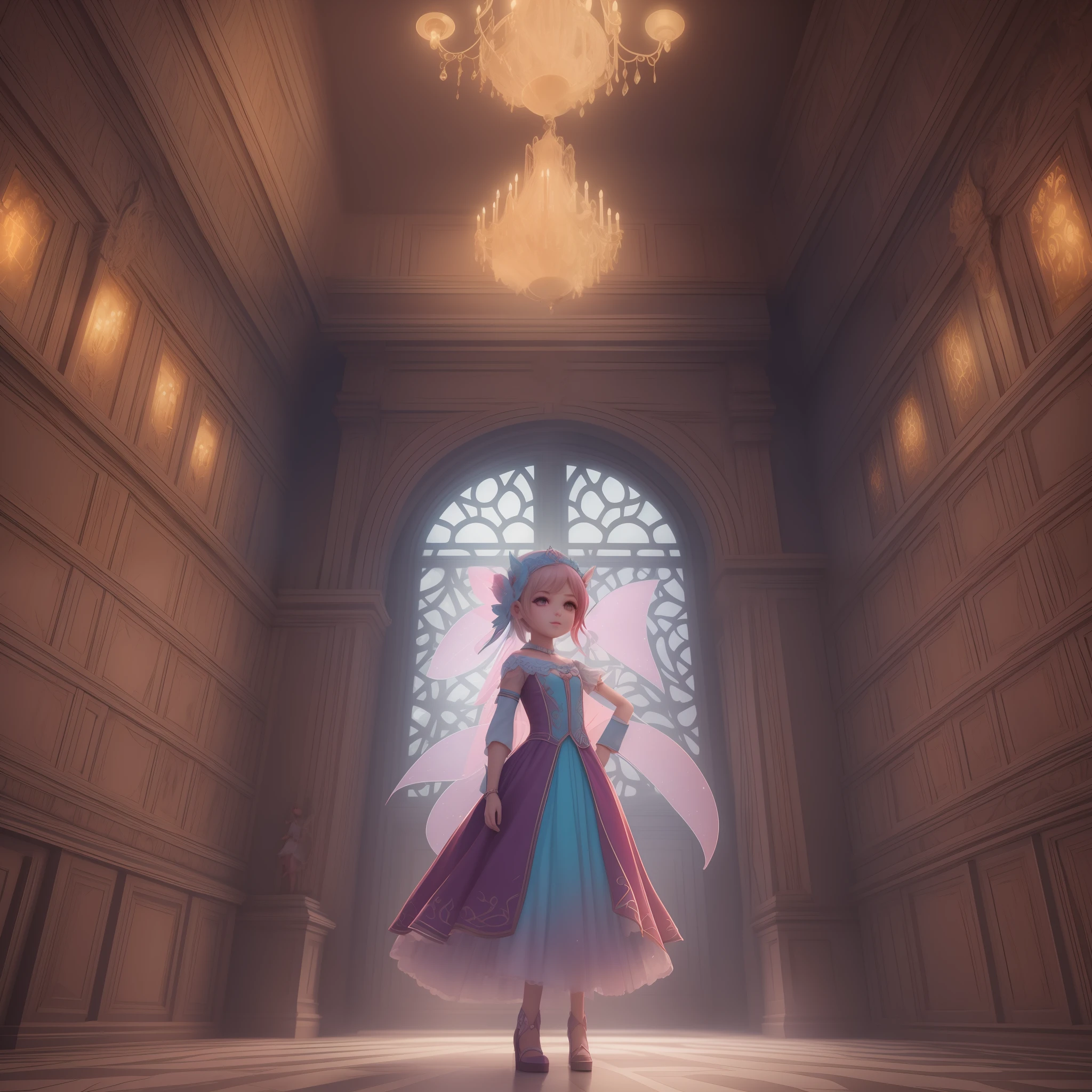 chibi girl, Enchanting, Fairy Tale Fantasy, Matte Painting, vibrant colors, soft and magical lighting, soft and organic textures, dynamic and fun camera angles, ArchViz rendering, 500px, figurine, opalescent colors, interior design, V -Ray render, 4k --ar 1:1