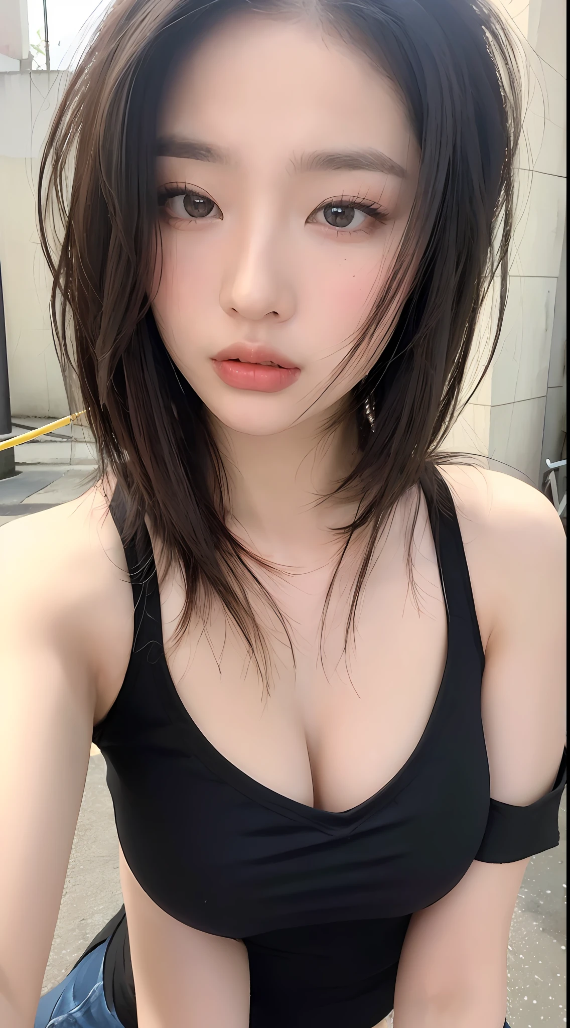((Best quality, 8k, Masterpiece :1.3)), Sharp focus :1.2, Perfect Body Beauty:1.4, Slim Abs:1.2, ((Layered hairstyle:1.2)), (Tank top shirt:1.1 ), (Street:1.2), Highly detailed face and skin texture, Detailed eyes, Double eyelids, off-the-shoulder top,