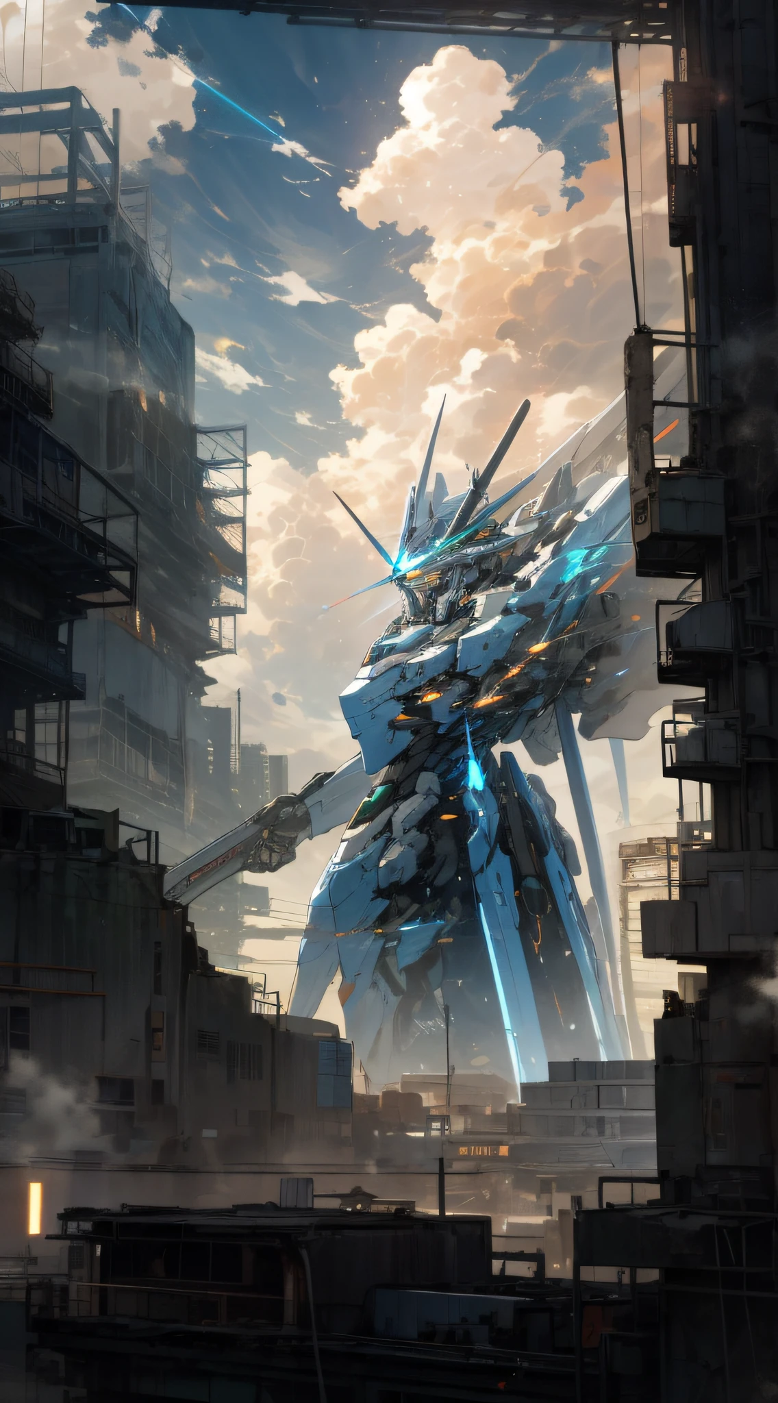 sky, clouds, holding_weapon, glowing, lasers, a man standing on top of a building, his back to the viewer, looking into the distance, giant robot, building, ruins, glowing_eyes, mecha, science fiction, city, reality, mecha