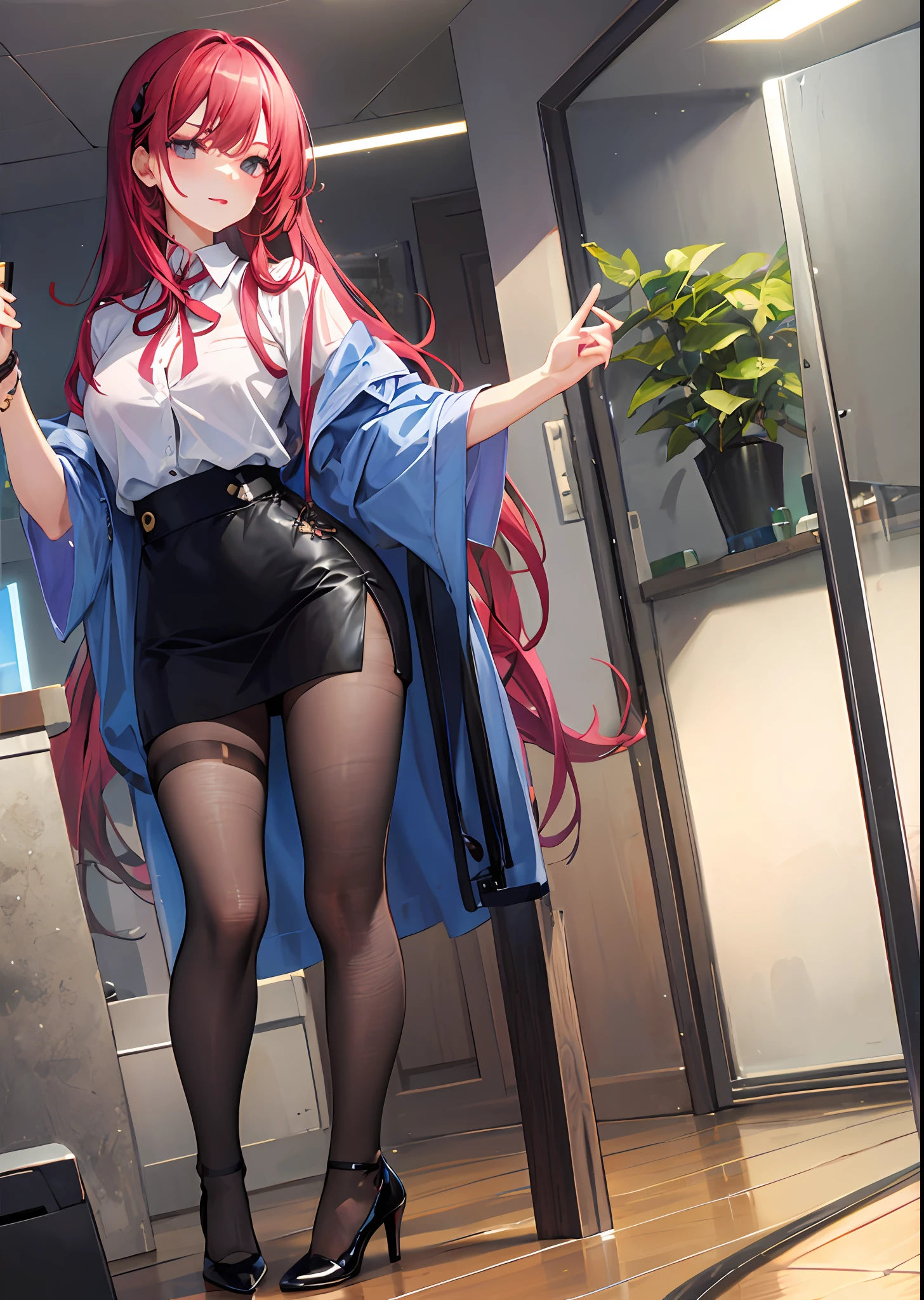 穿着超短裙和接缝丝袜的美丽性感秘书全身照片,stands_straight, ((solo)), adult, in the office, high heels, craves, strokes_herself