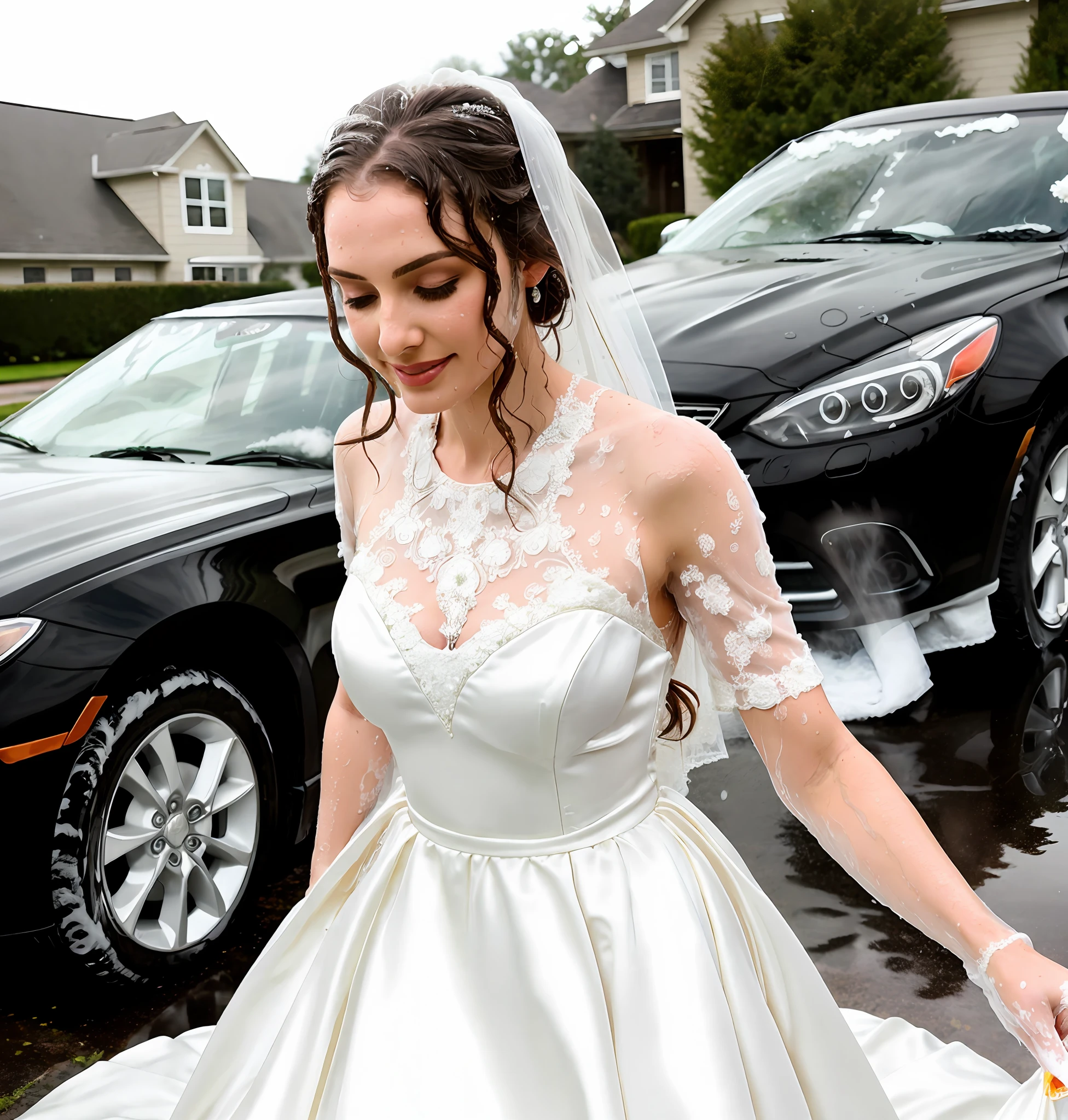 Beautiful bride wearing wedding dress, veil, and long satin gloves washing the car, stunning white ballgown, washing car, scrubbing soapy car, in driveway, wet bride, wet gown, wet hair