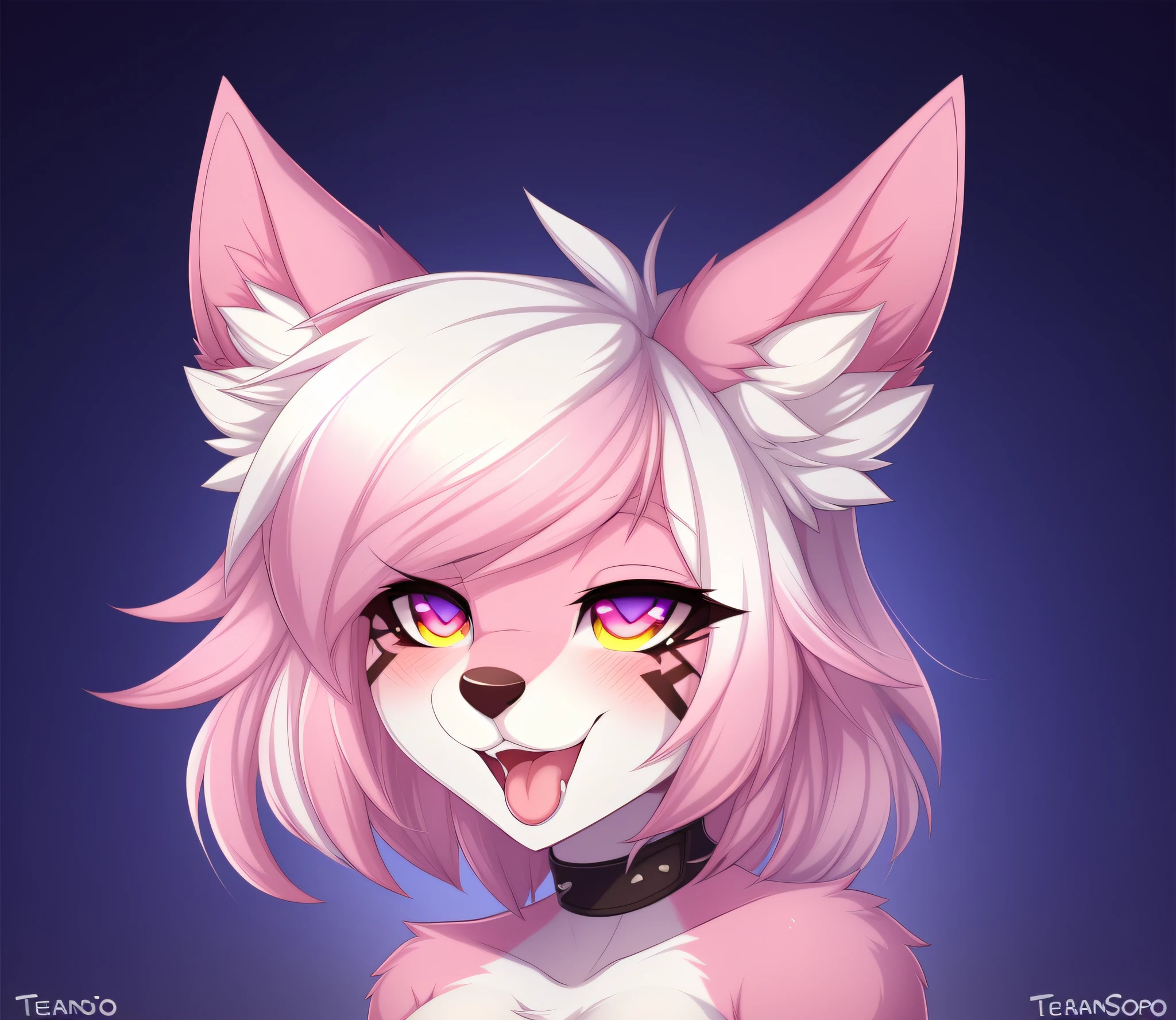 ((face painting)), ((masterpiece, best quality)), (anthro furry:1.3, anthro:1.3, hairy:1.2, female solo:1.2, neckline, ahegao), by teranen, (coffeesoda:1.1), teranen, fox, anthro, female, solo, pleasure face, Breathless, pink right iris, pink left iris, pink body, big boobs, chubby, white hair, white bangs, pink hair, pink ears, (neve_meio environment), chest fluff, heart eyes, ((SFW))