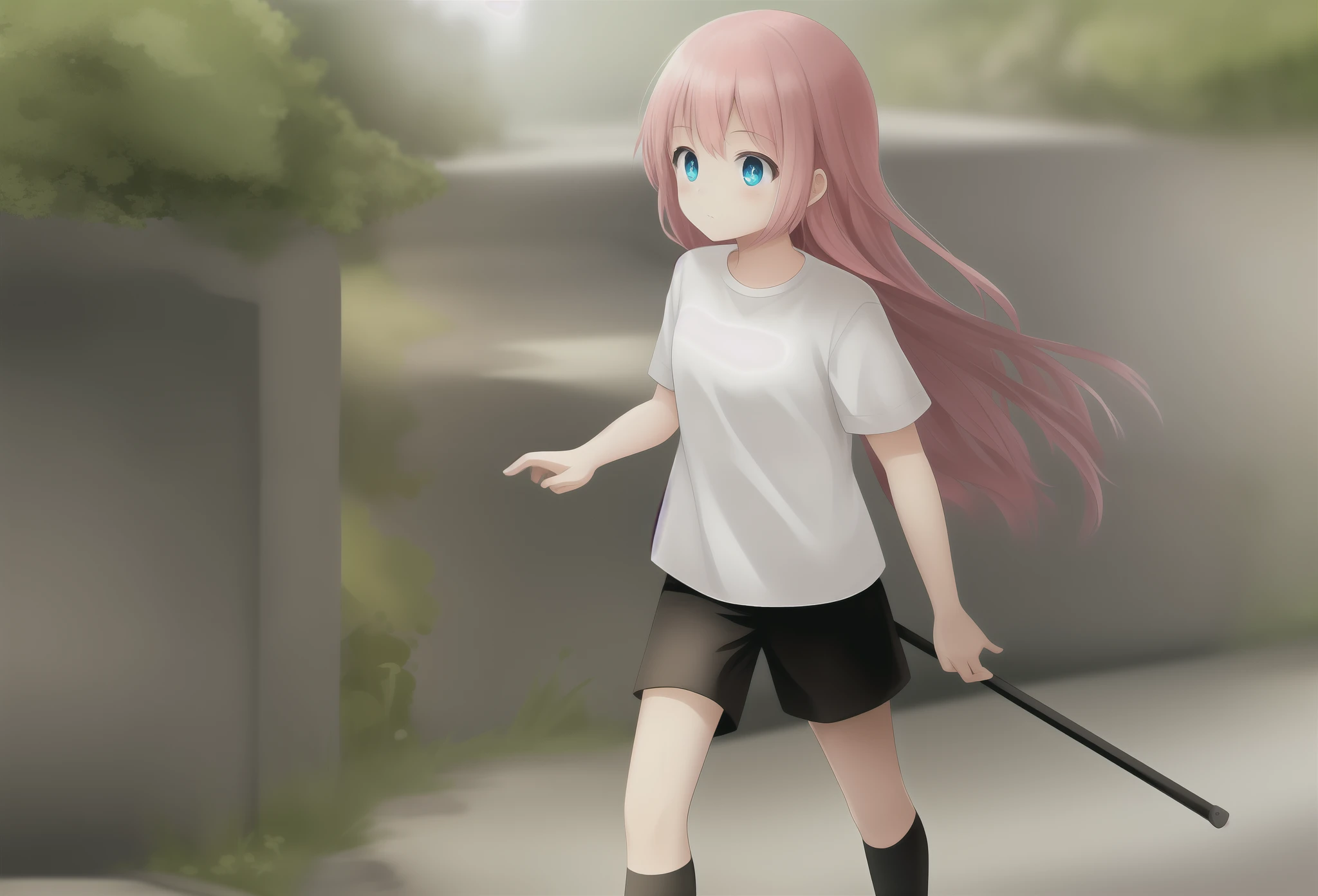A cute  girl, with long pink hair and blue eyes, in a white T-shirt, black shorts, walking, image focused entirely on her, moe style