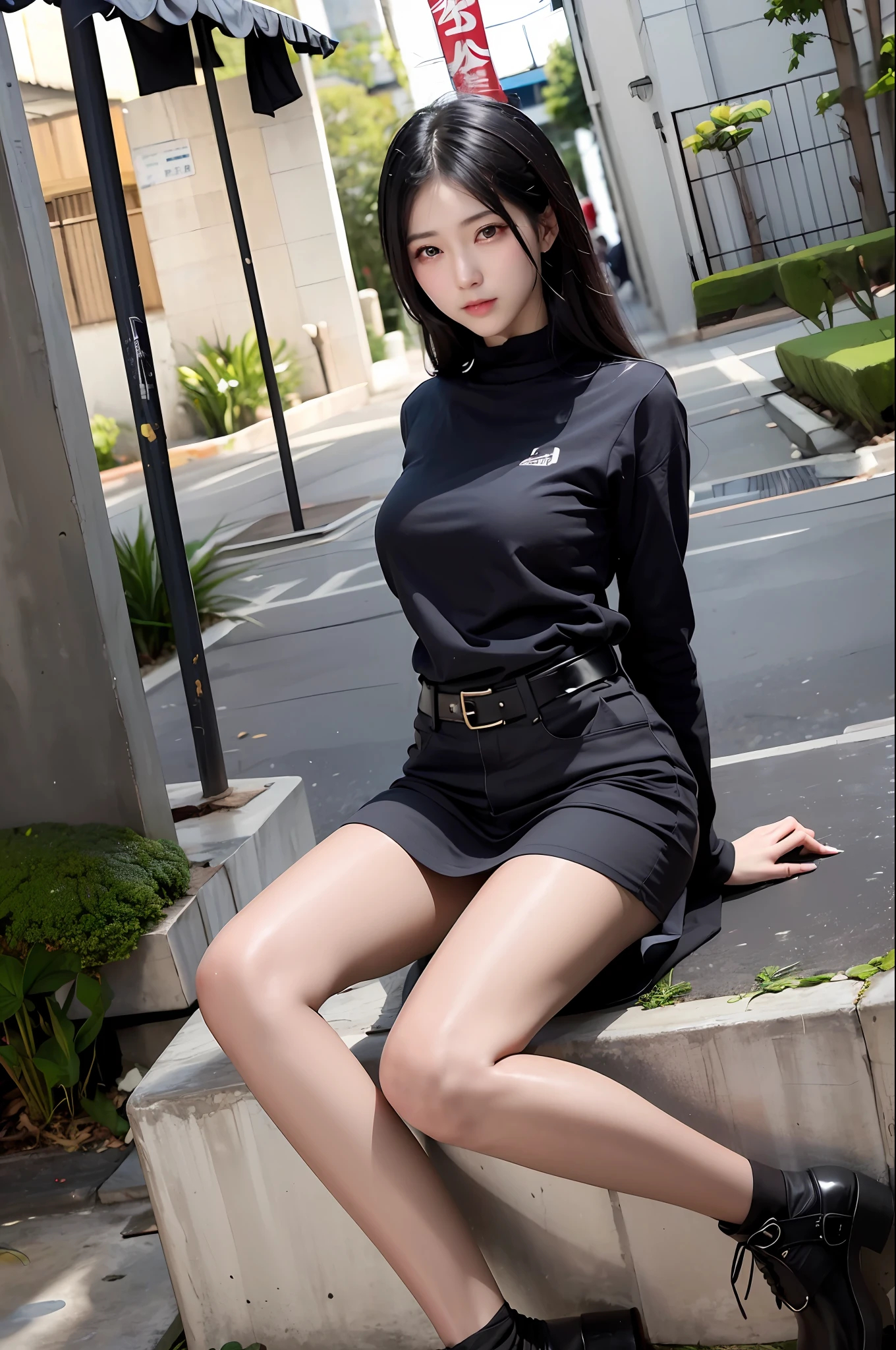((masterpiece, best_quality)), 1girl, (真实感:1.4), solo, white_background, black_hair, long_hair, zettai_ryouiki, skirt, ((full_body)),(((露出腰部马甲线))),(((黑丝袜)))，(((镂空胸罩)))，修长美腿,
